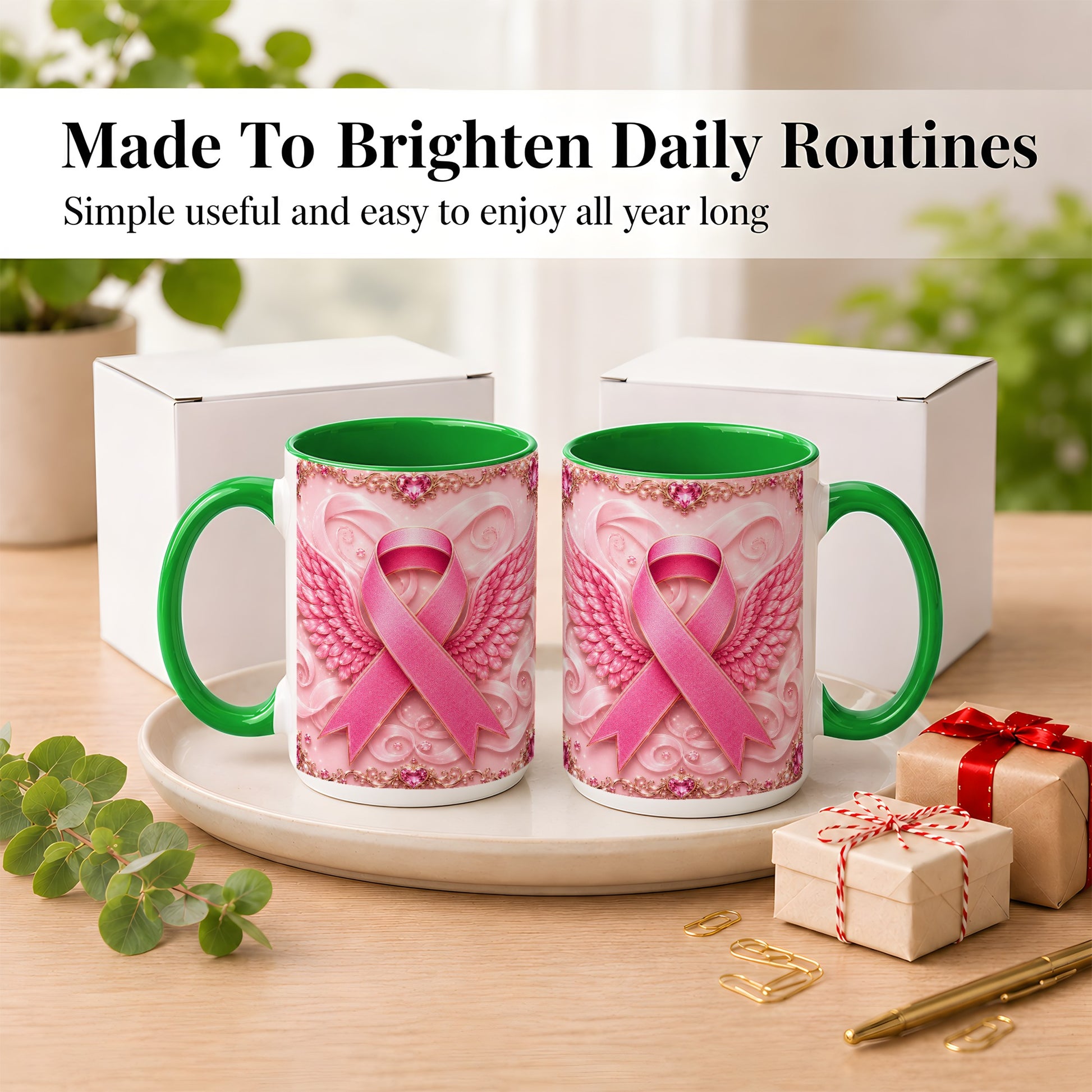 #pl[15oz|Green] Pink Ribbon Wings Coffee Mug, Awareness Mug, Ceramic Cup