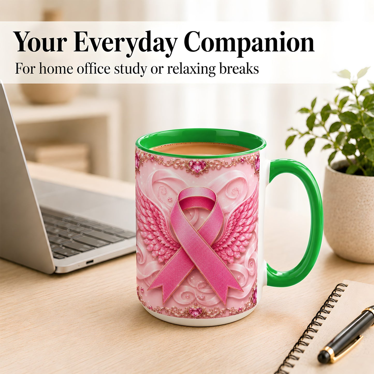 #pl[15oz|Green] Pink Ribbon Wings Coffee Mug, Awareness Mug, Ceramic Cup