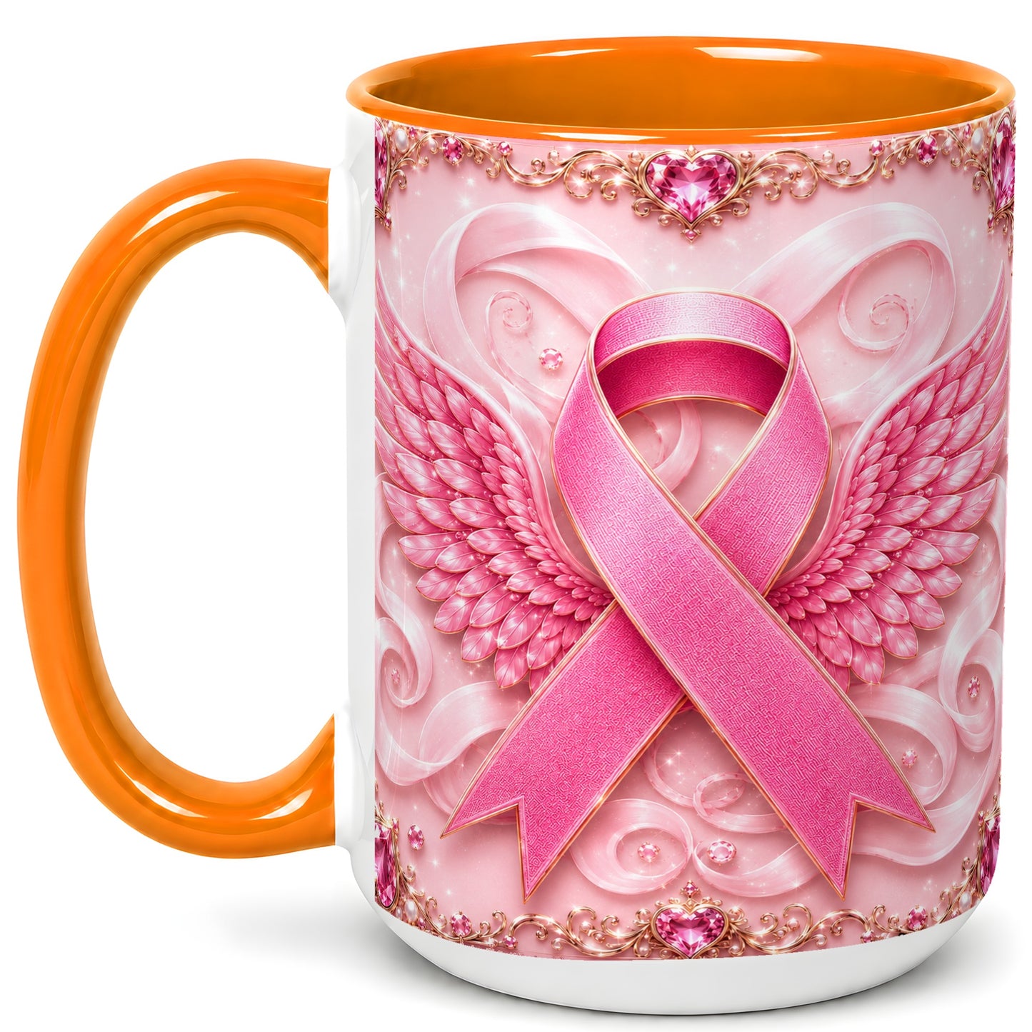 #pl[15oz|Orange] Pink Ribbon Wings Coffee Mug, Awareness Mug, Ceramic Cup