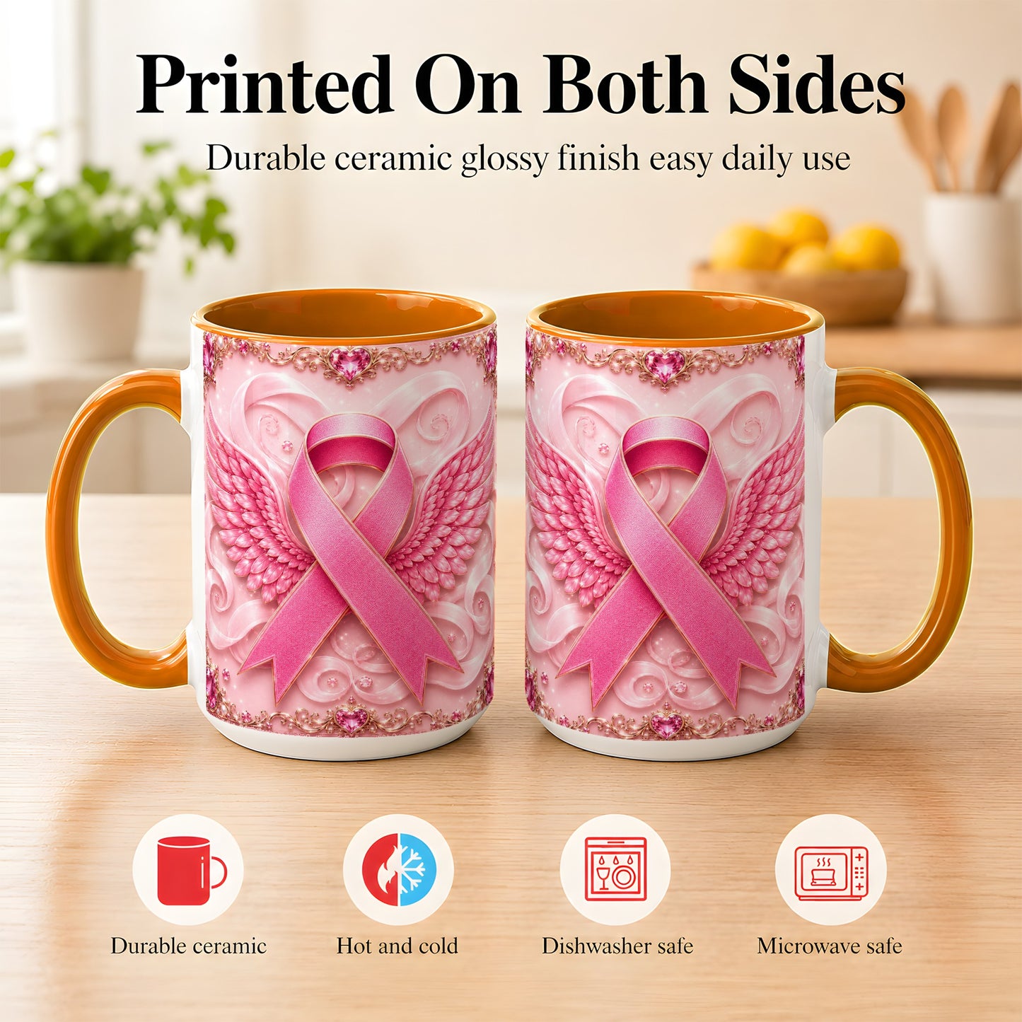 #pl[15oz|Orange] Pink Ribbon Wings Coffee Mug, Awareness Mug, Ceramic Cup