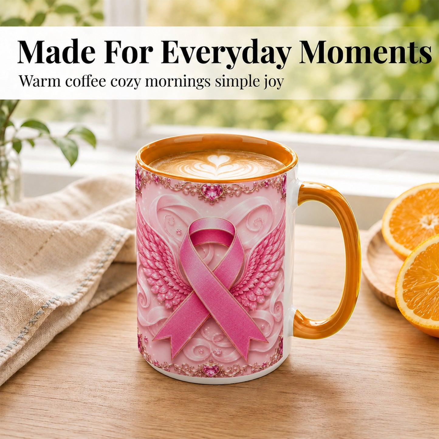 #pl[15oz|Orange] Pink Ribbon Wings Coffee Mug, Awareness Mug, Ceramic Cup