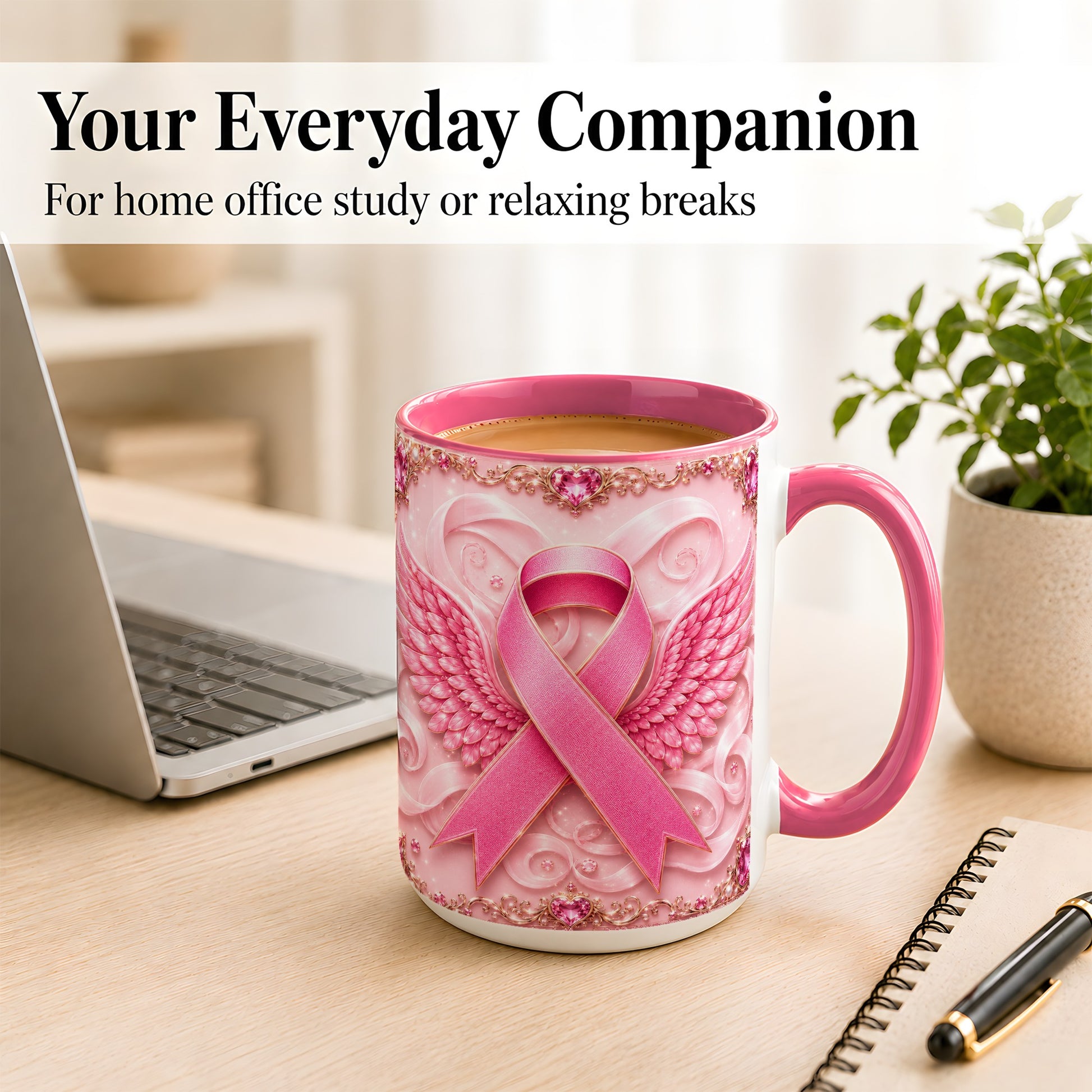 #pl[15oz|Pink] Pink Ribbon Wings Coffee Mug, Awareness Mug, Ceramic Cup