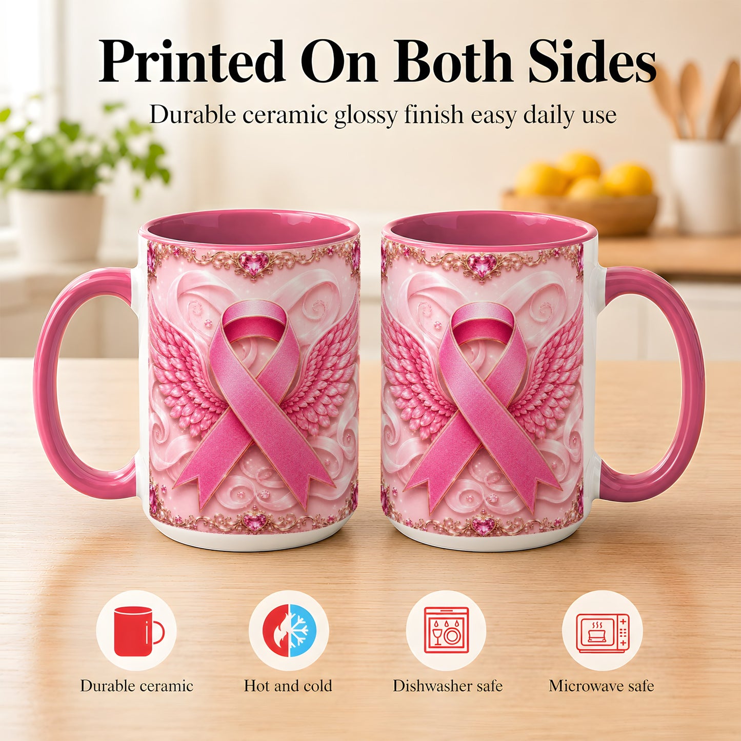 #pl[15oz|Pink] Pink Ribbon Wings Coffee Mug, Awareness Mug, Ceramic Cup