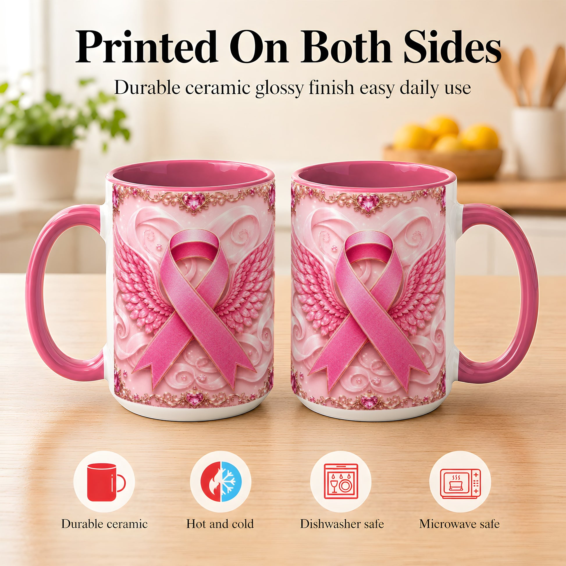 #pl[15oz|Pink] Pink Ribbon Wings Coffee Mug, Awareness Mug, Ceramic Cup