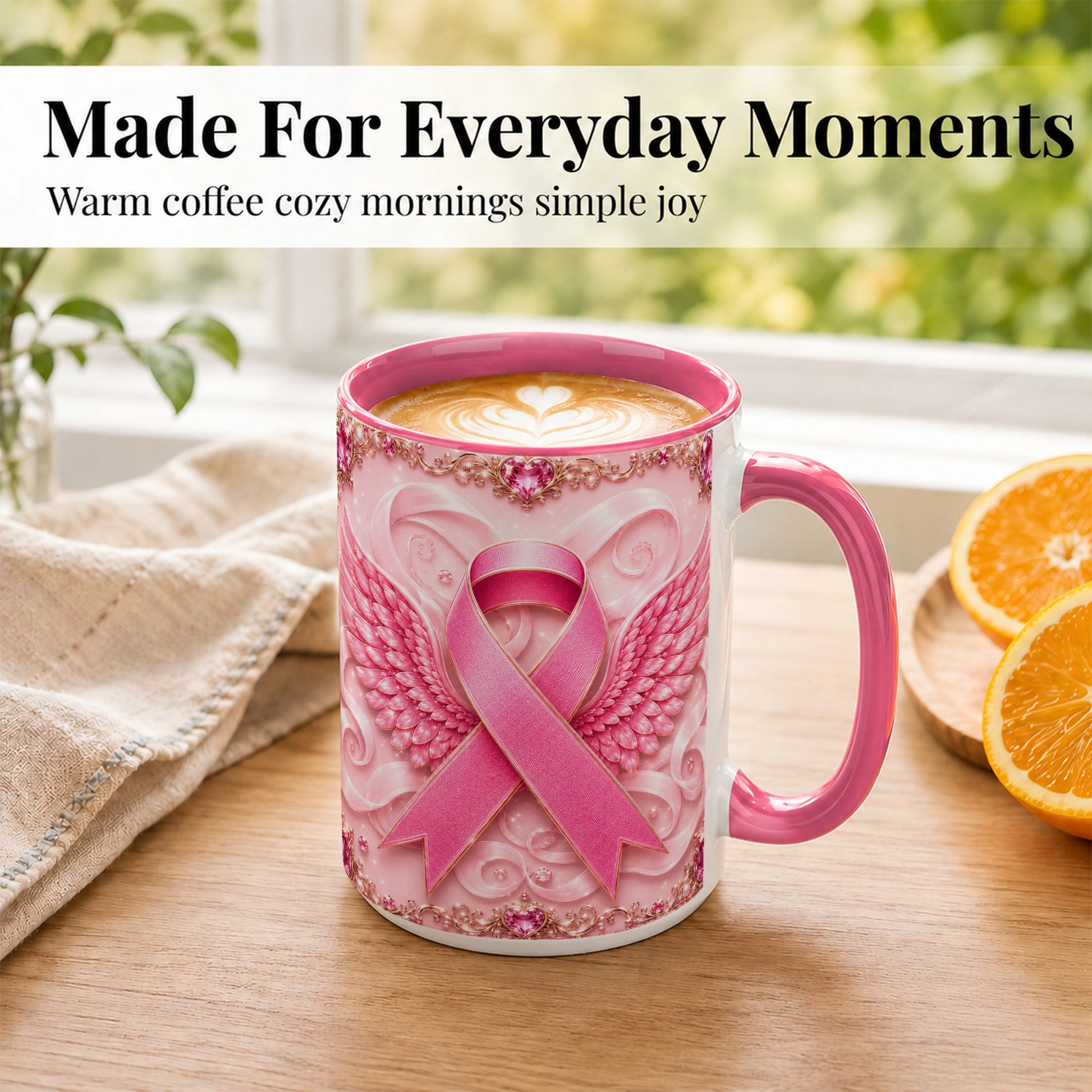 #pl[15oz|Pink] Pink Ribbon Wings Coffee Mug, Awareness Mug, Ceramic Cup