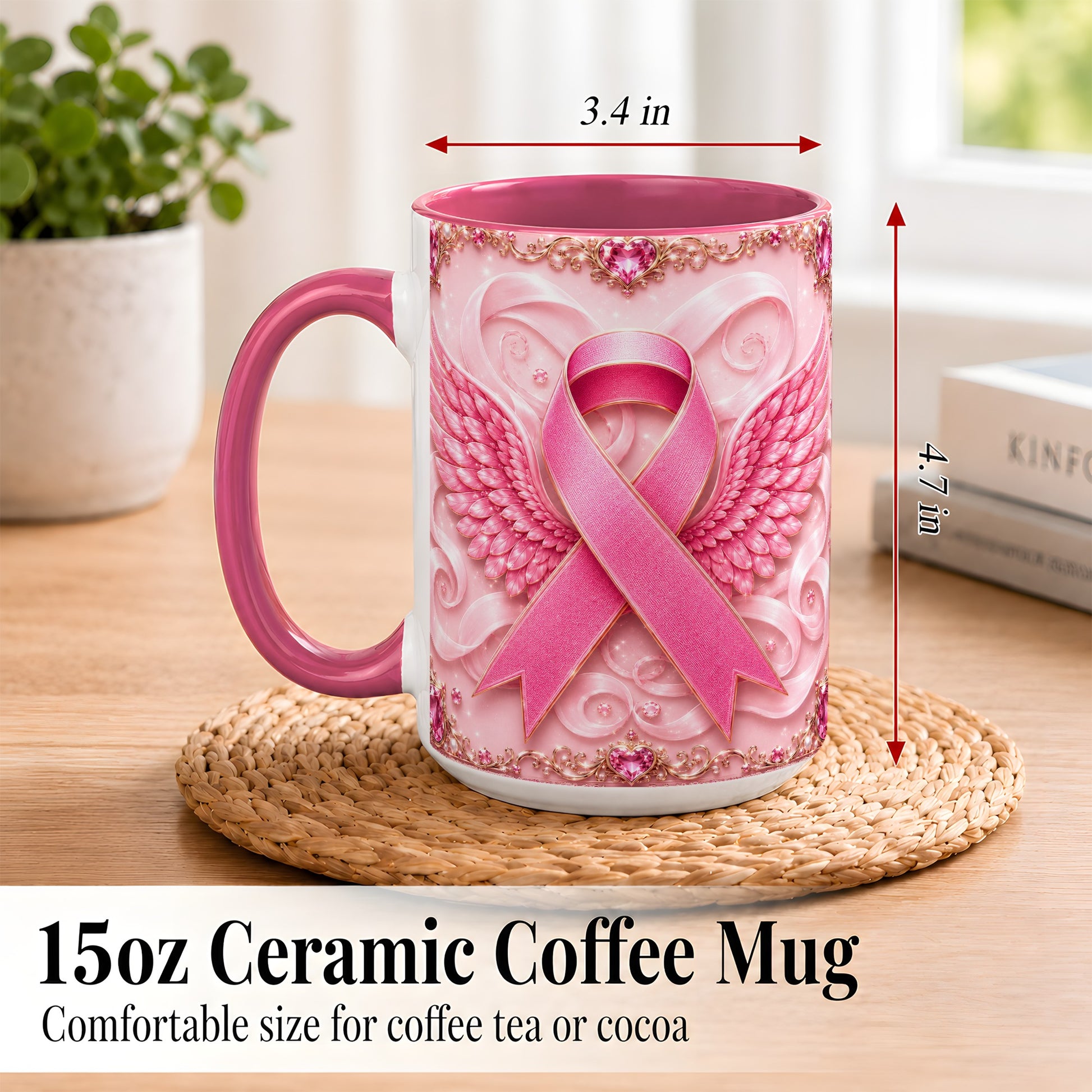 #pl[15oz|Pink] Pink Ribbon Wings Coffee Mug, Awareness Mug, Ceramic Cup