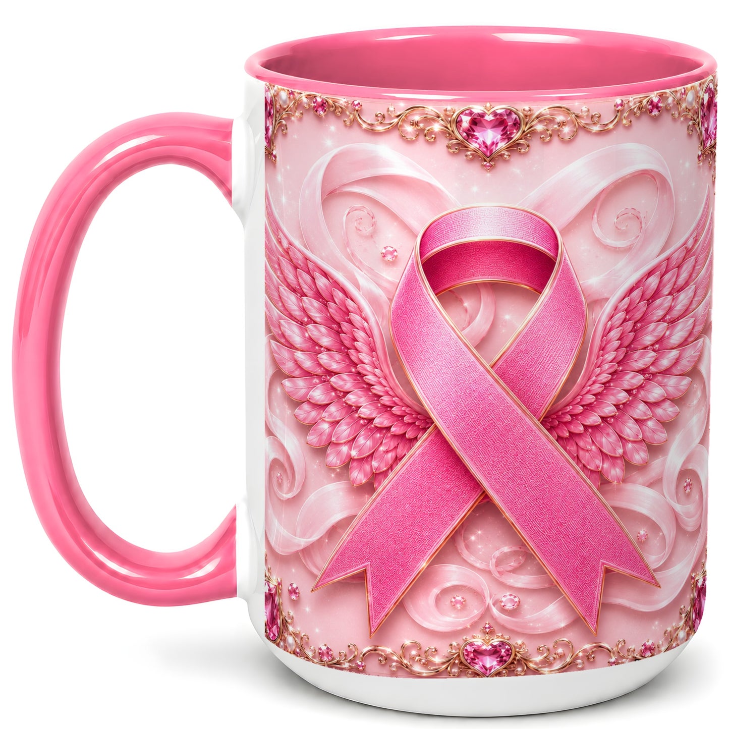 #pl[15oz|Pink] Pink Ribbon Wings Coffee Mug, Awareness Mug, Ceramic Cup