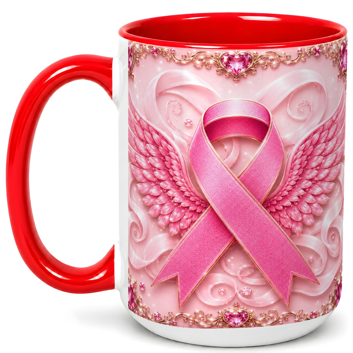 #pl[15oz|Red] Pink Ribbon Wings Coffee Mug, Awareness Mug, Ceramic Cup