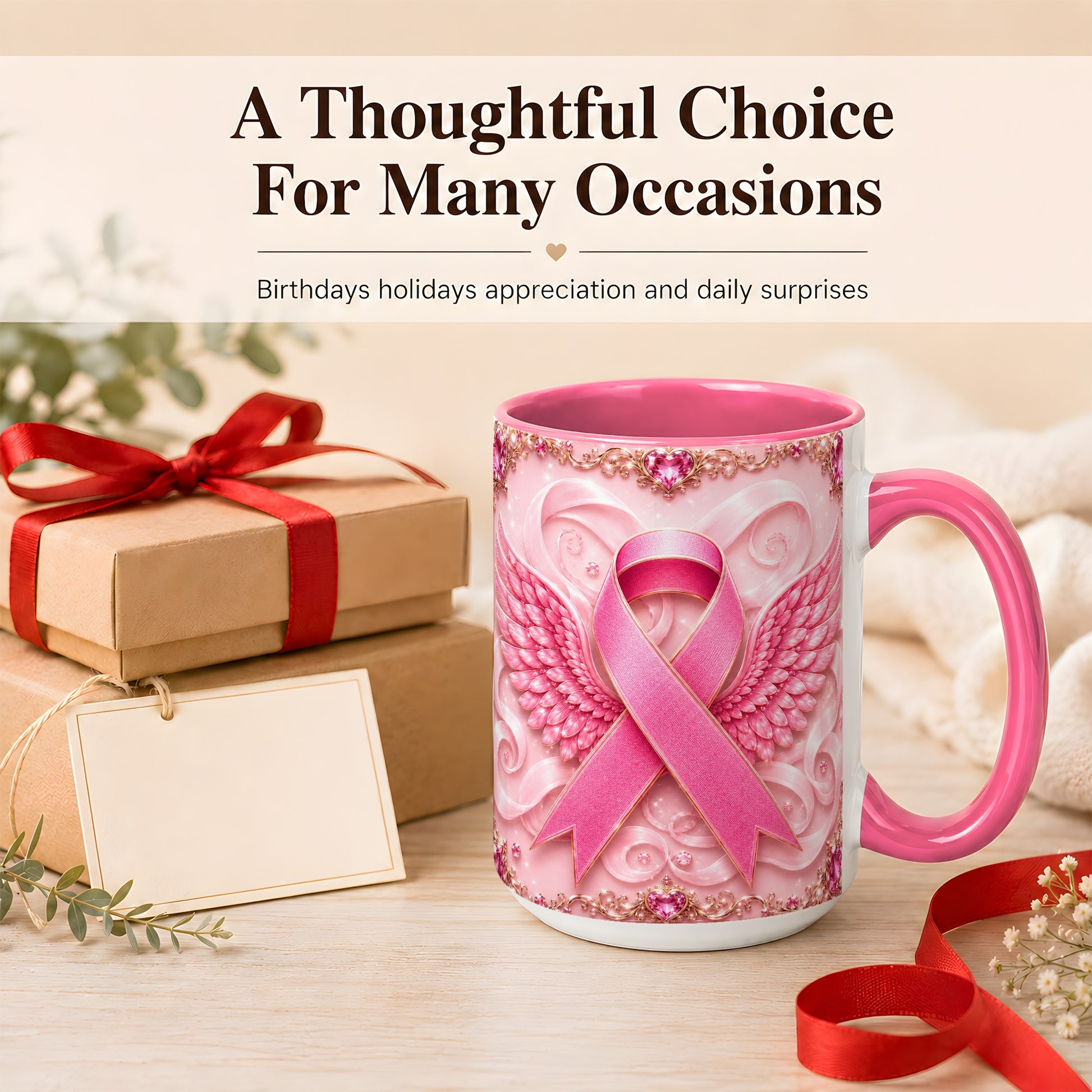 #pl[15oz|Pink] Pink Ribbon Wings Coffee Mug, Awareness Mug, Ceramic Cup