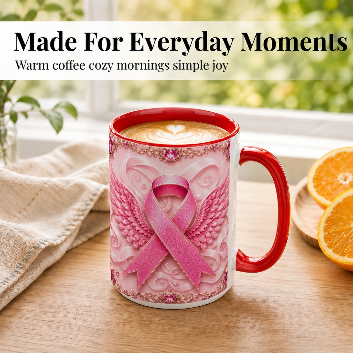 #pl[15oz|Red] Pink Ribbon Wings Coffee Mug, Awareness Mug, Ceramic Cup