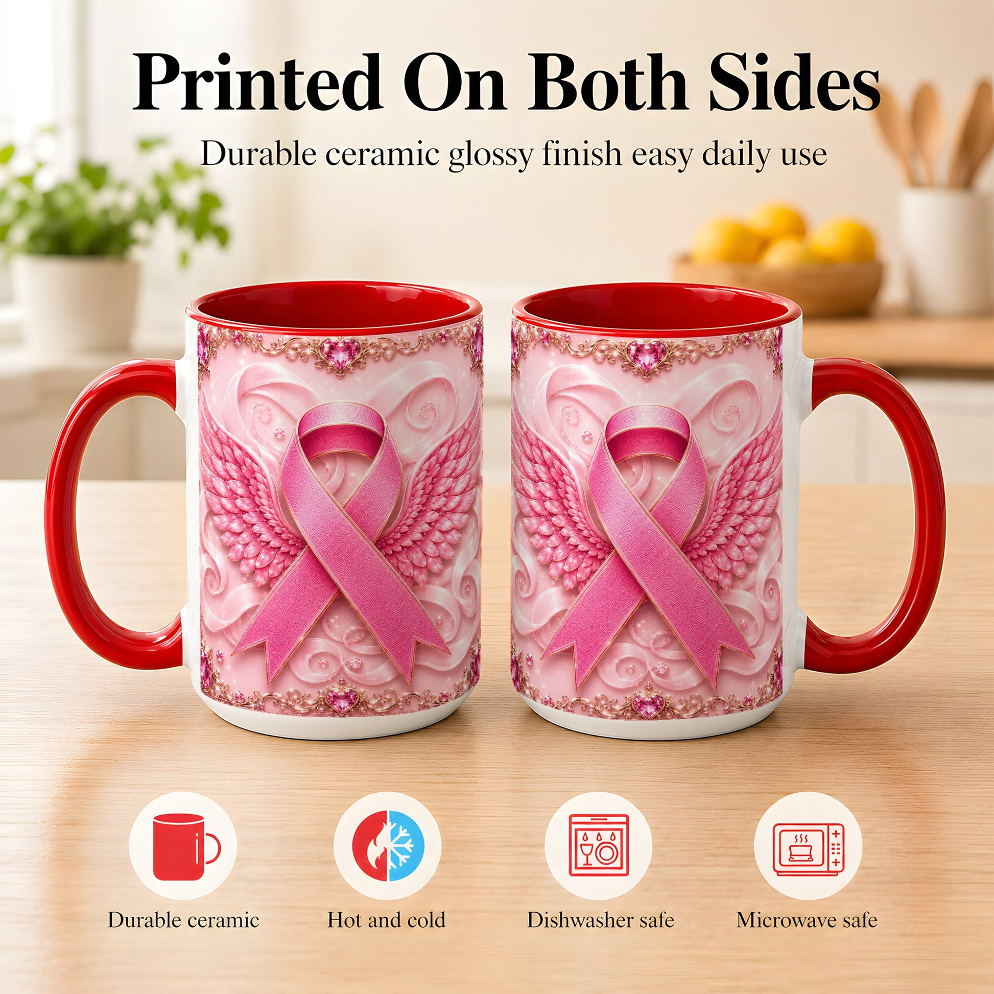 #pl[15oz|Red] Pink Ribbon Wings Coffee Mug, Awareness Mug, Ceramic Cup