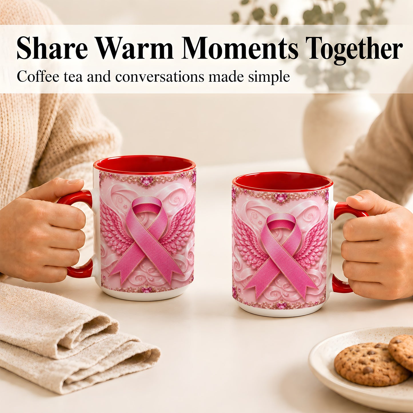 #pl[15oz|Red] Pink Ribbon Wings Coffee Mug, Awareness Mug, Ceramic Cup