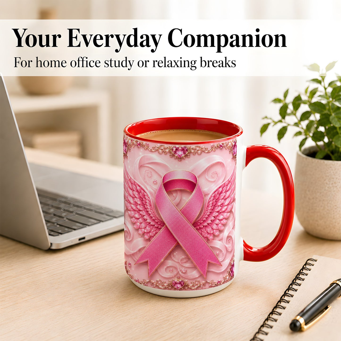 #pl[15oz|Red] Pink Ribbon Wings Coffee Mug, Awareness Mug, Ceramic Cup