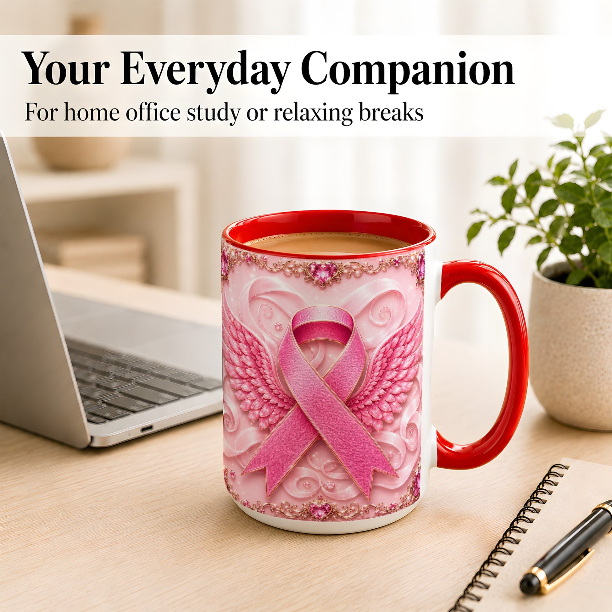 #pl[15oz|Red] Pink Ribbon Wings Coffee Mug, Awareness Mug, Ceramic Cup