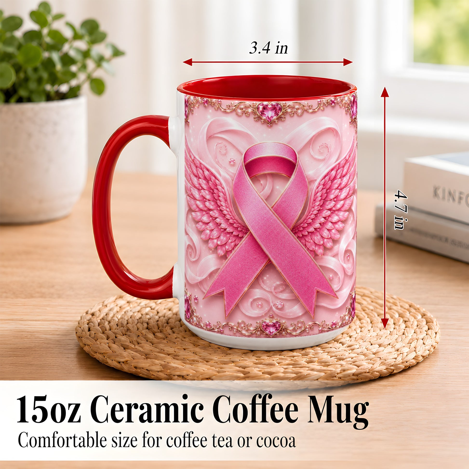#pl[15oz|Red] Pink Ribbon Wings Coffee Mug, Awareness Mug, Ceramic Cup