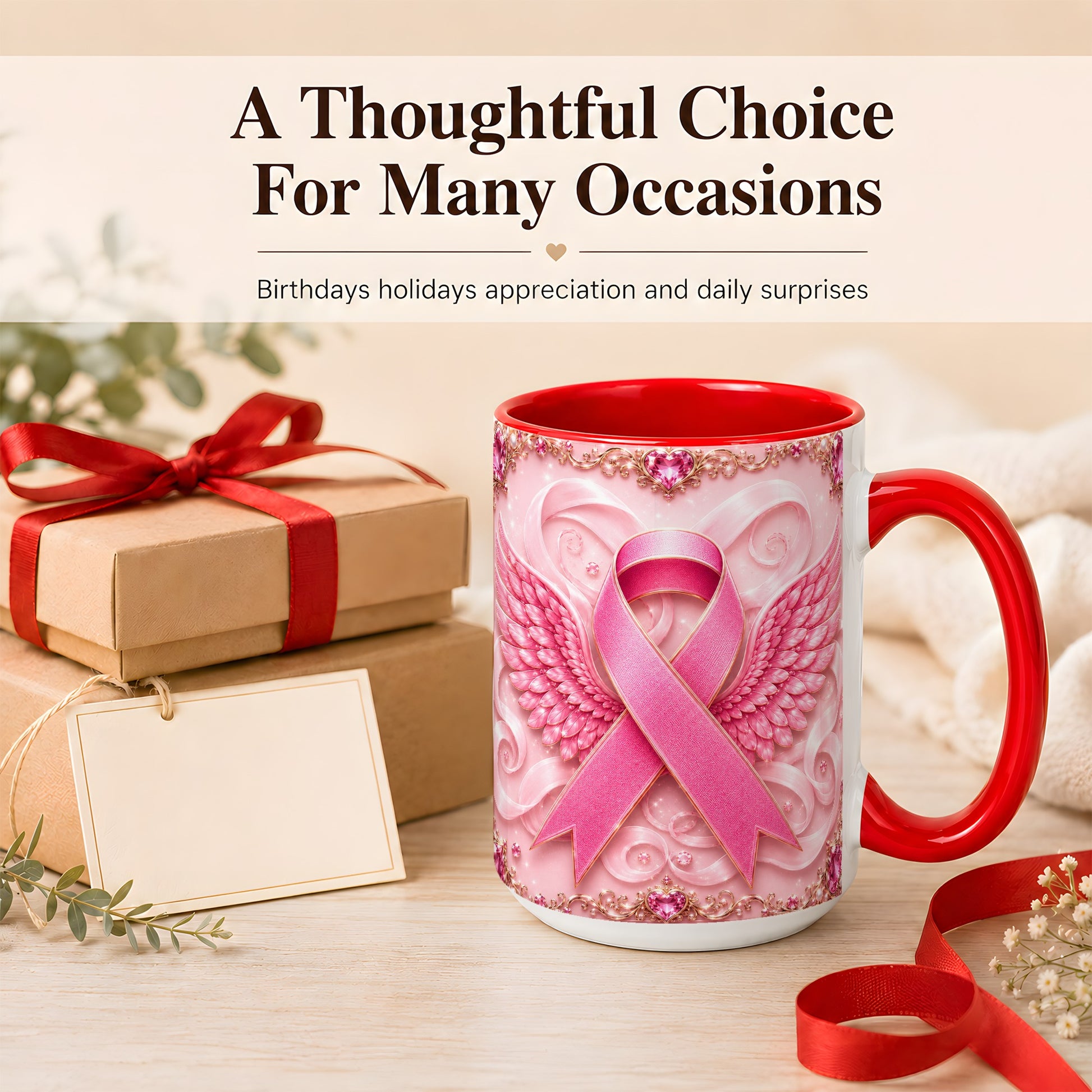 #pl[15oz|Red] Pink Ribbon Wings Coffee Mug, Awareness Mug, Ceramic Cup