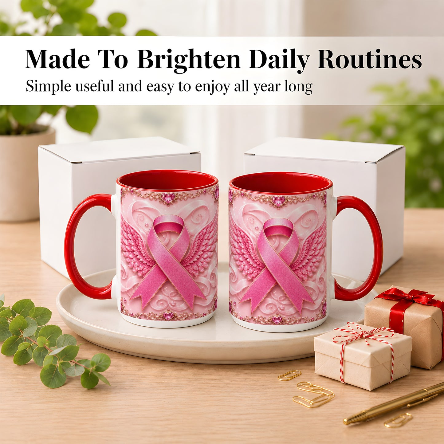 #pl[15oz|Red] Pink Ribbon Wings Coffee Mug, Awareness Mug, Ceramic Cup