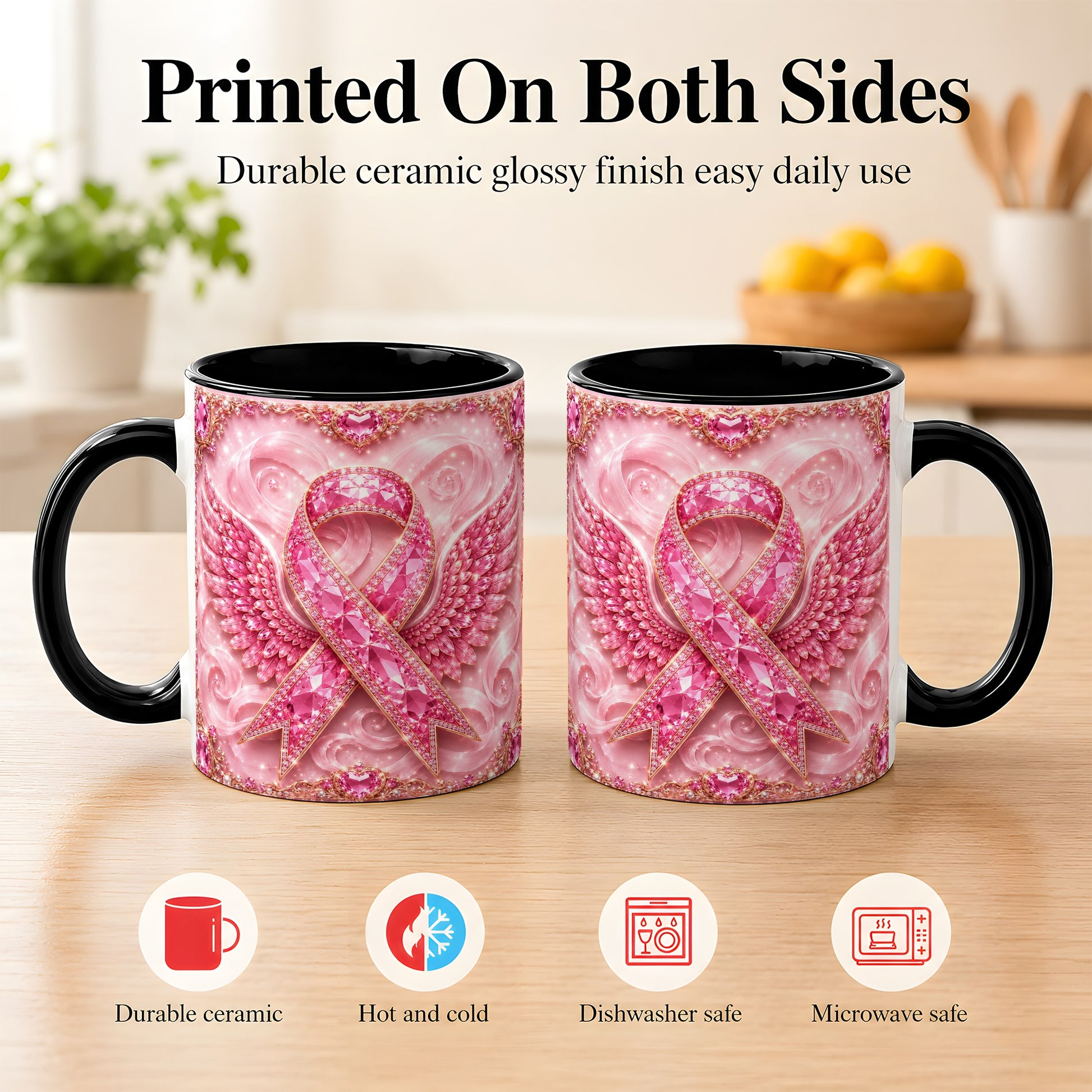 #pl[11oz|Black] Gemstone Ribbon Wings Coffee Mug, Awareness Mug, Ceramic Cup