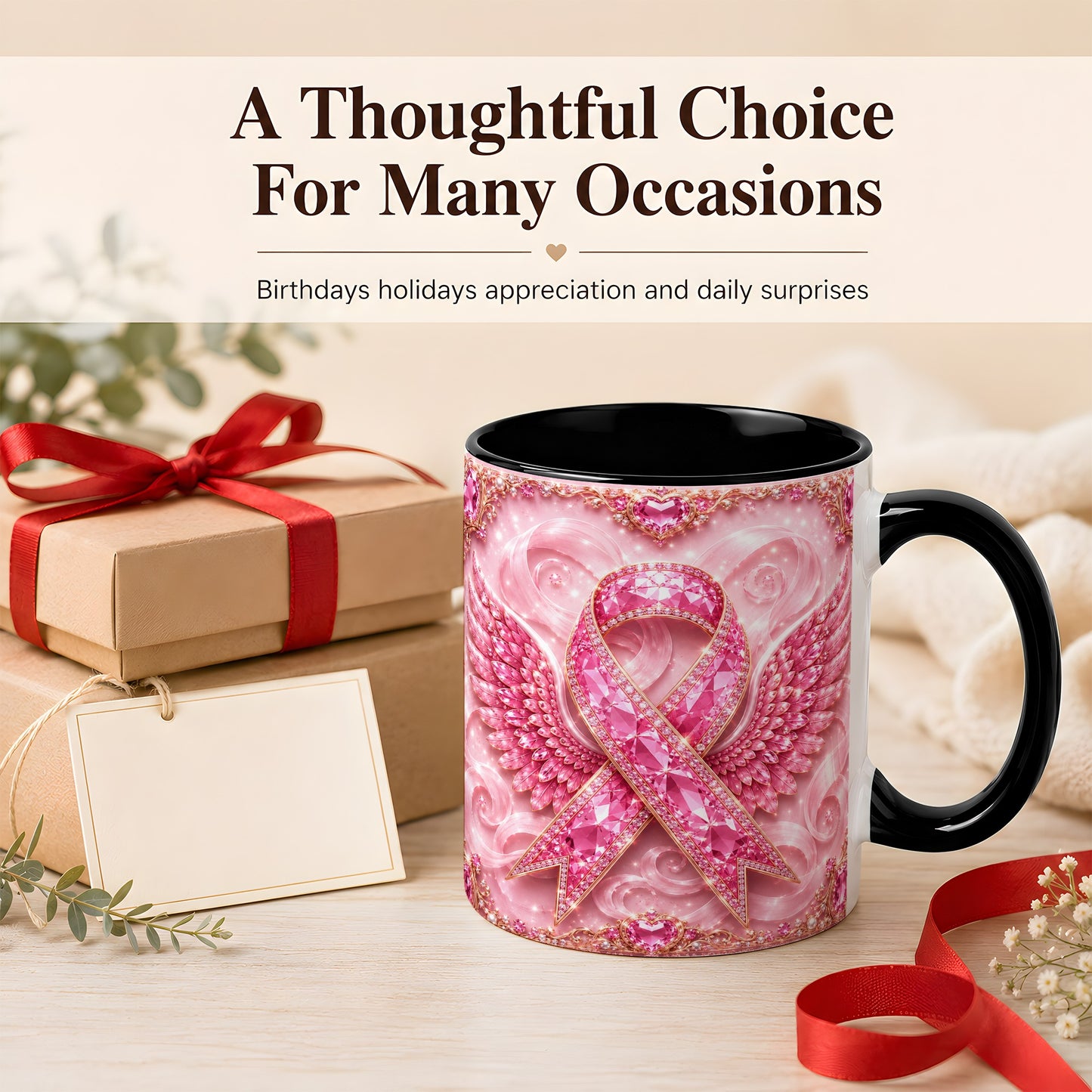 #pl[11oz|Black] Gemstone Ribbon Wings Coffee Mug, Awareness Mug, Ceramic Cup