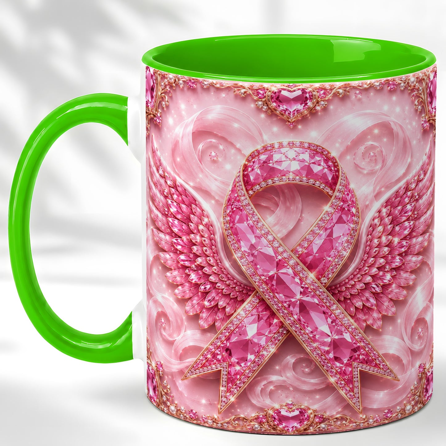 #pl[11oz|Green] Gemstone Ribbon Wings Coffee Mug, Awareness Mug, Ceramic Cup