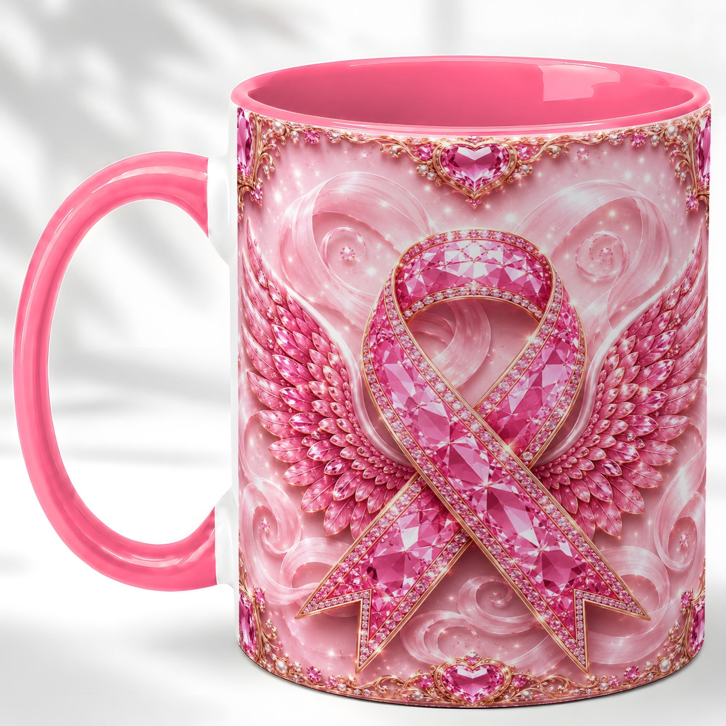 #pl[11oz|Pink] Gemstone Ribbon Wings Coffee Mug, Awareness Mug, Ceramic Cup