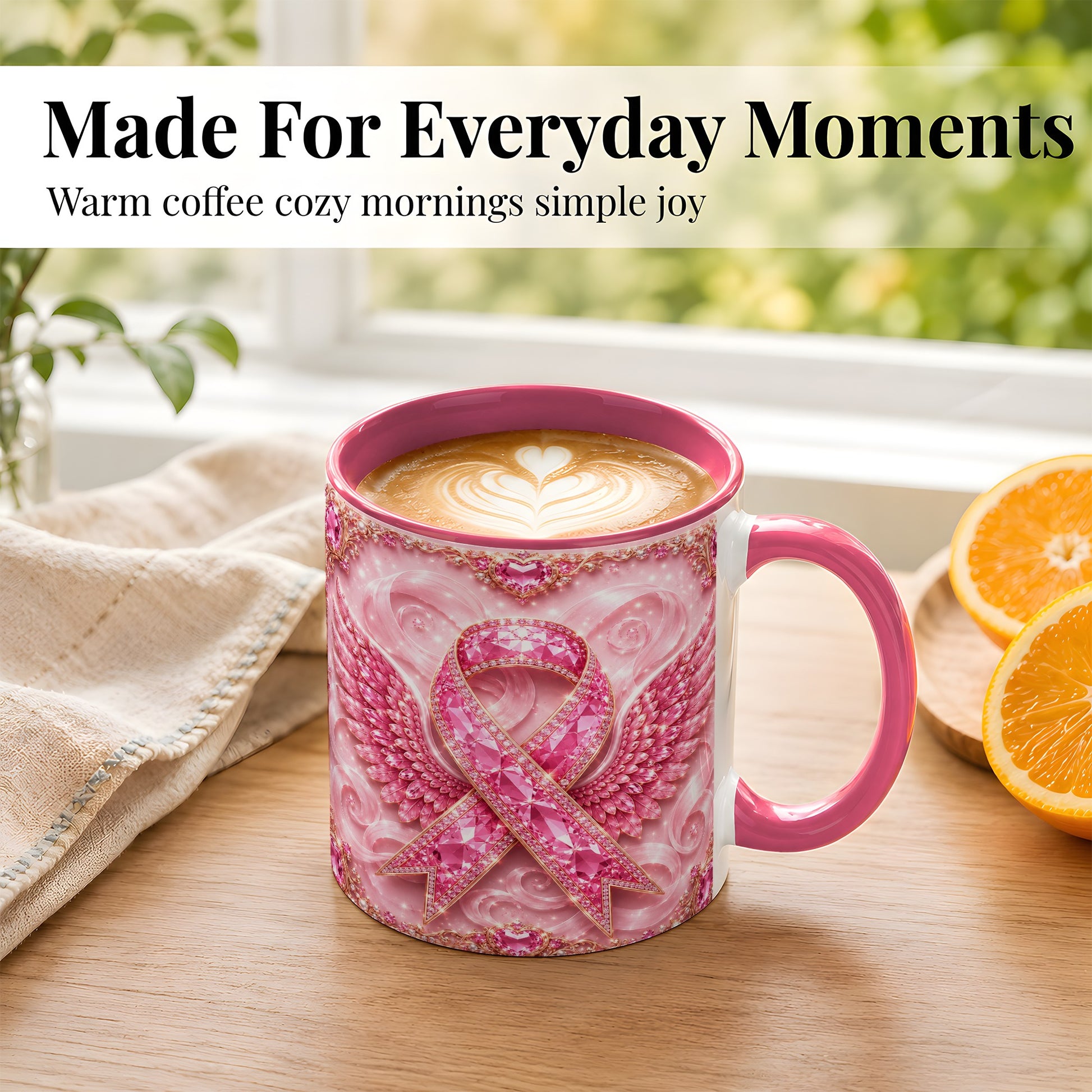 #pl[11oz|Pink] Gemstone Ribbon Wings Coffee Mug, Awareness Mug, Ceramic Cup