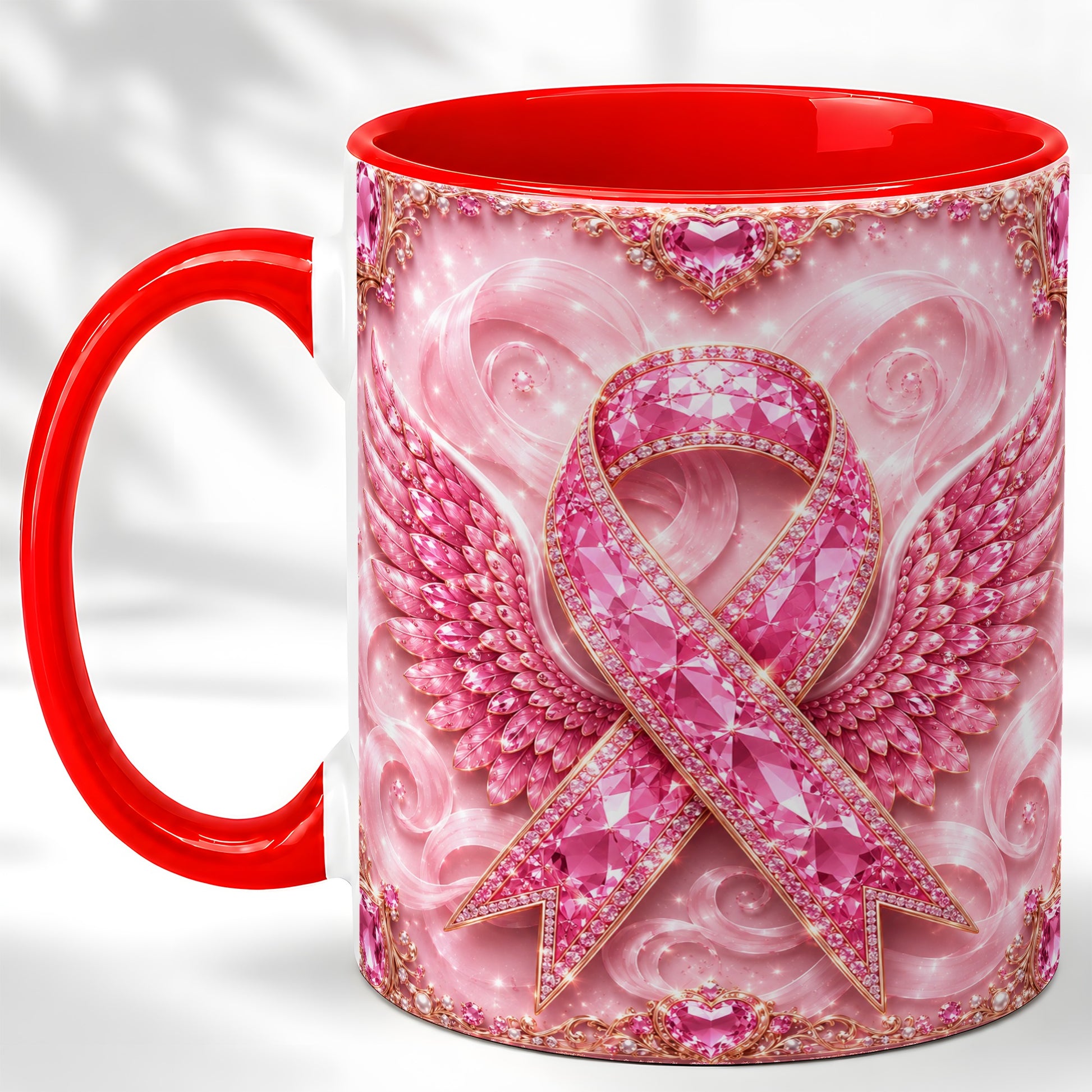 #pl[11oz|Red] Gemstone Ribbon Wings Coffee Mug, Awareness Mug, Ceramic Cup