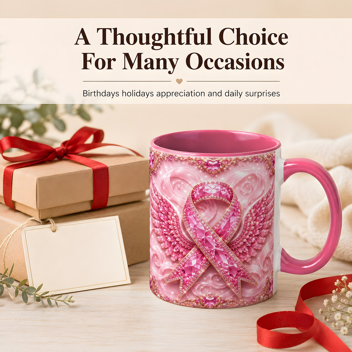 #pl[11oz|Pink] Gemstone Ribbon Wings Coffee Mug, Awareness Mug, Ceramic Cup
