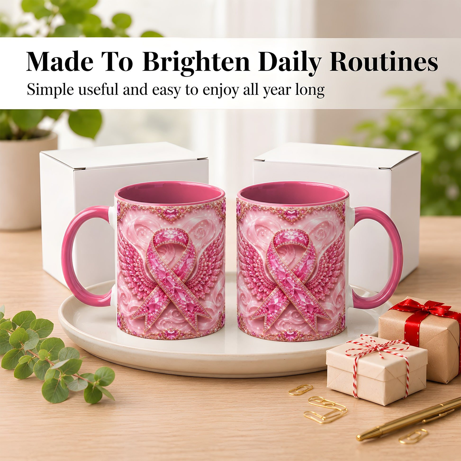 #pl[11oz|Pink] Gemstone Ribbon Wings Coffee Mug, Awareness Mug, Ceramic Cup