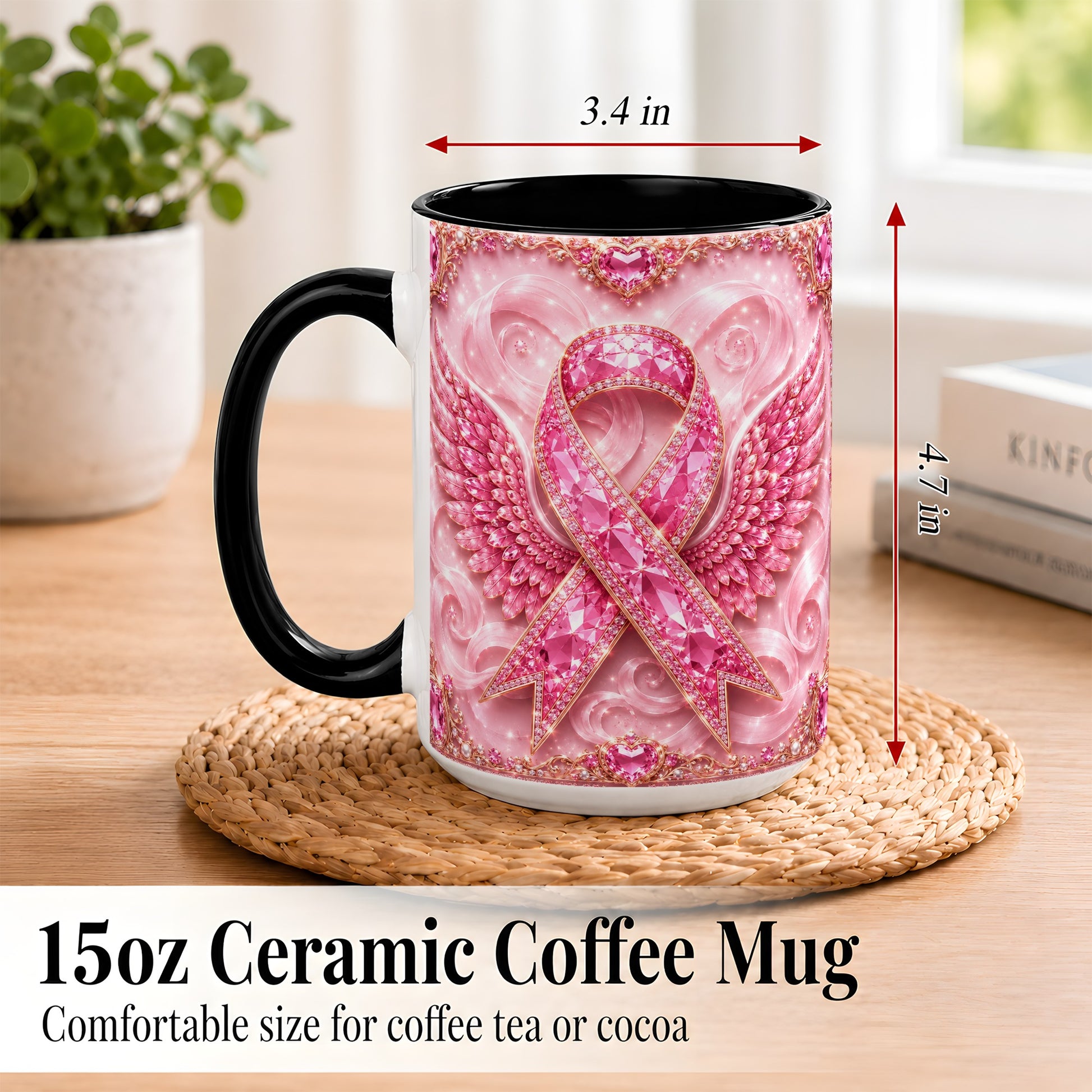 #pl[15oz|Black] Gemstone Ribbon Wings Coffee Mug, Awareness Mug, Ceramic Cup