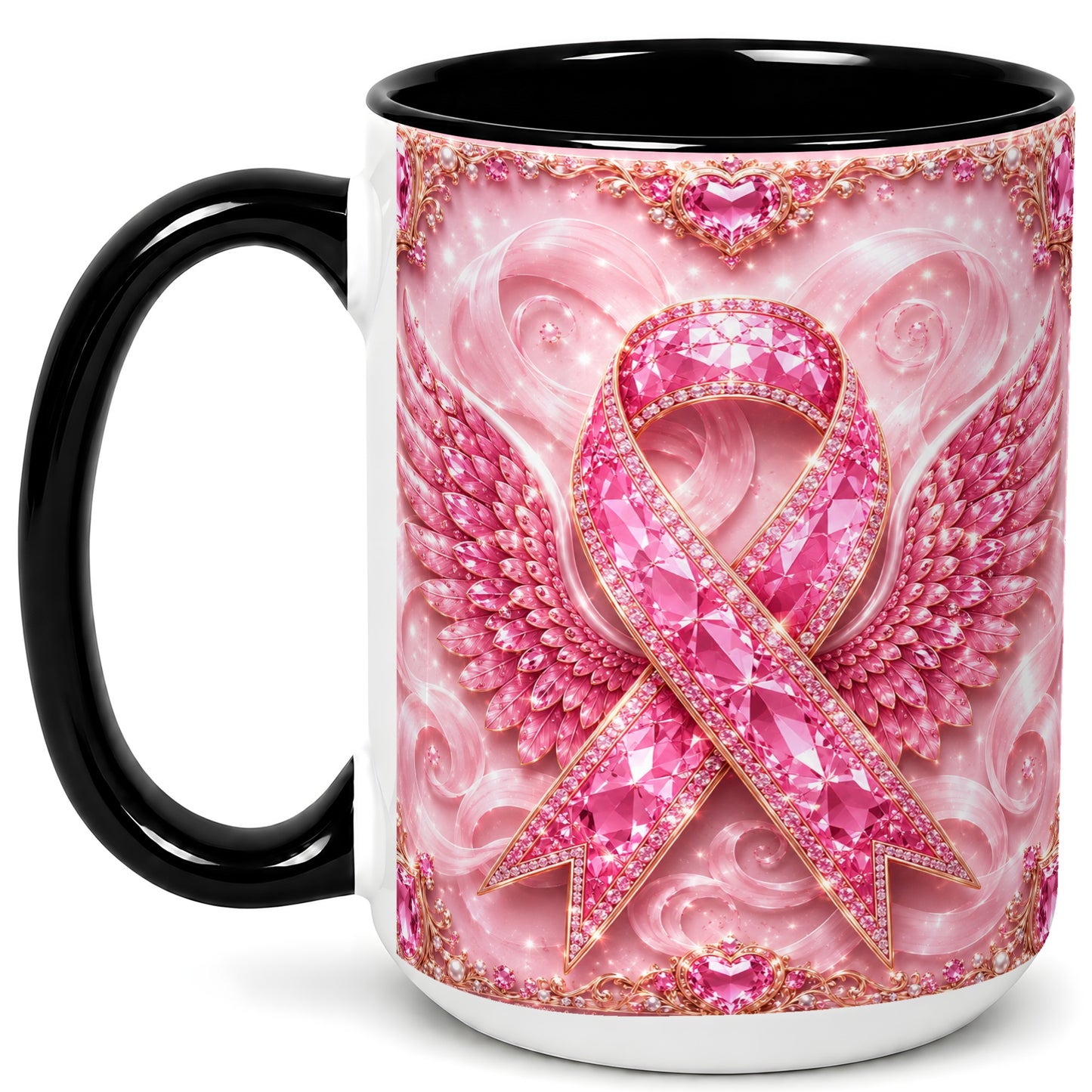 #pl[15oz|Black] Gemstone Ribbon Wings Coffee Mug, Awareness Mug, Ceramic Cup