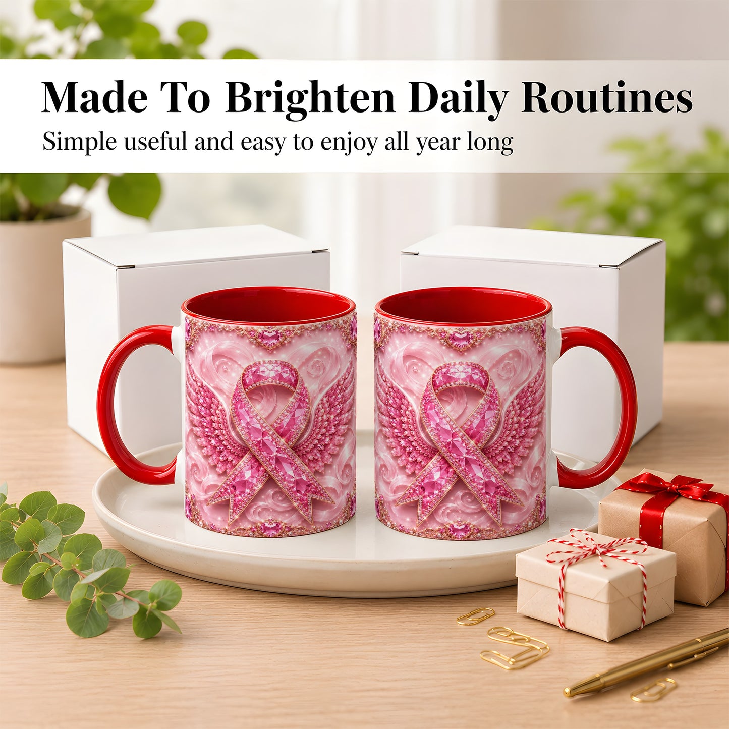 #pl[11oz|Red] Gemstone Ribbon Wings Coffee Mug, Awareness Mug, Ceramic Cup