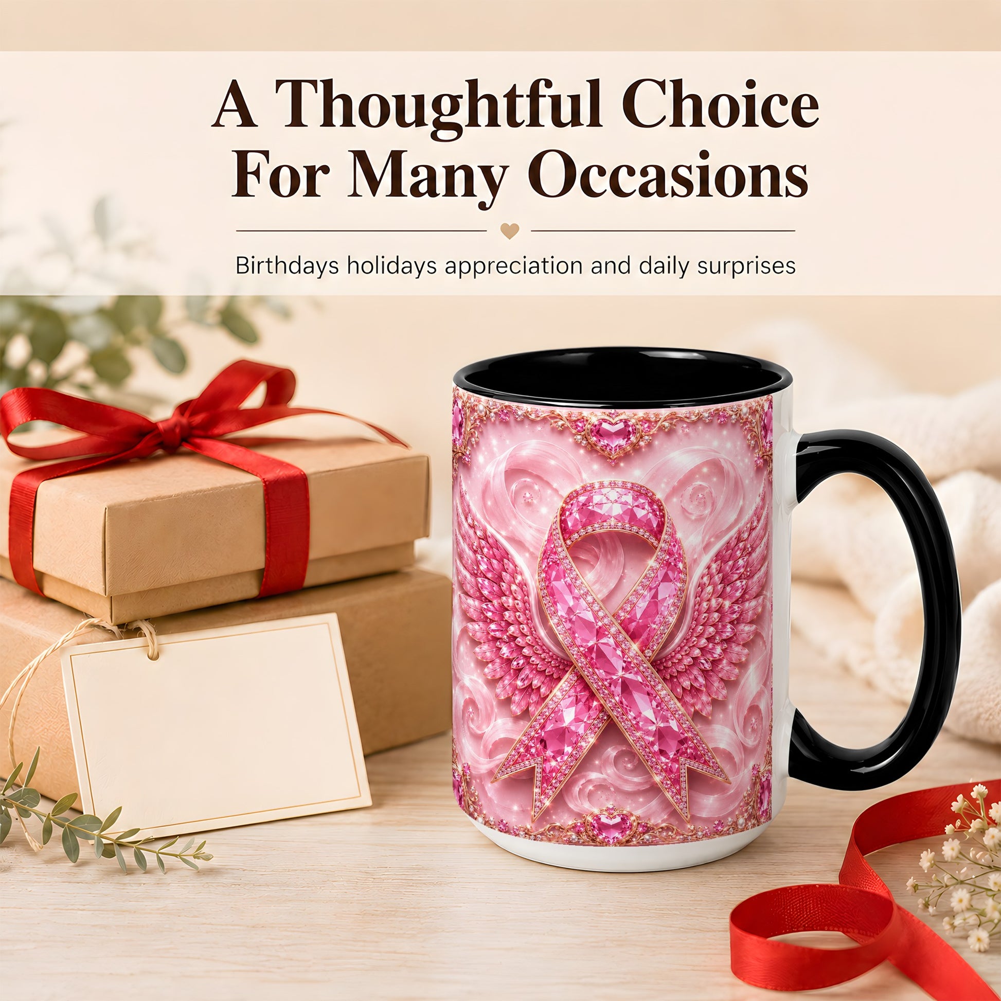 #pl[15oz|Black] Gemstone Ribbon Wings Coffee Mug, Awareness Mug, Ceramic Cup