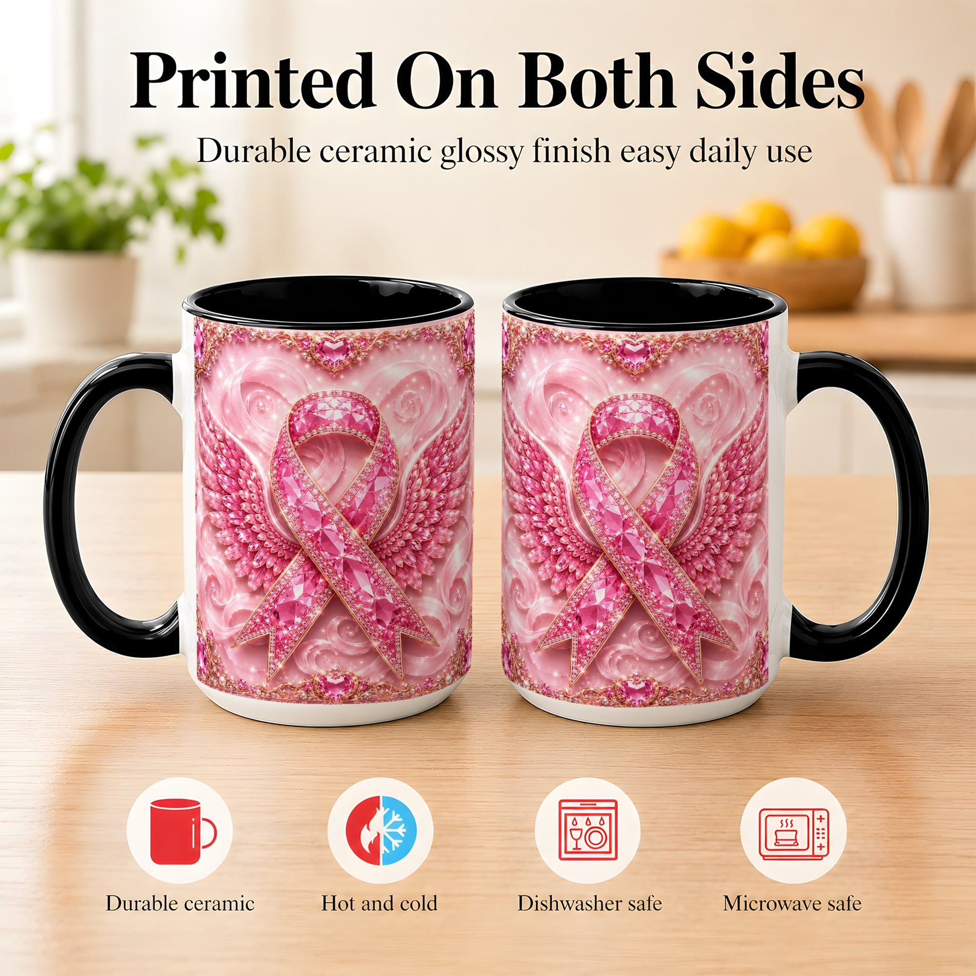 #pl[15oz|Black] Gemstone Ribbon Wings Coffee Mug, Awareness Mug, Ceramic Cup