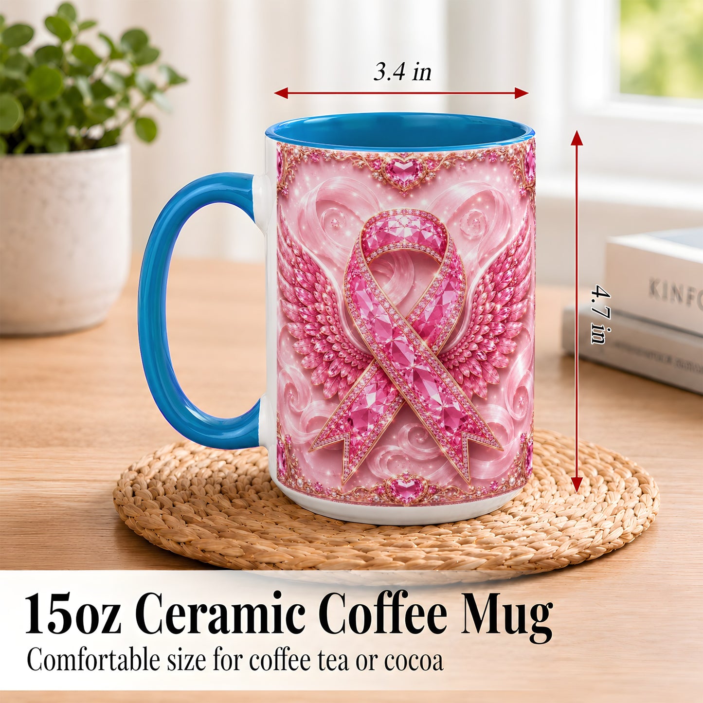 #pl[15oz|Blue] Gemstone Ribbon Wings Coffee Mug, Awareness Mug, Ceramic Cup