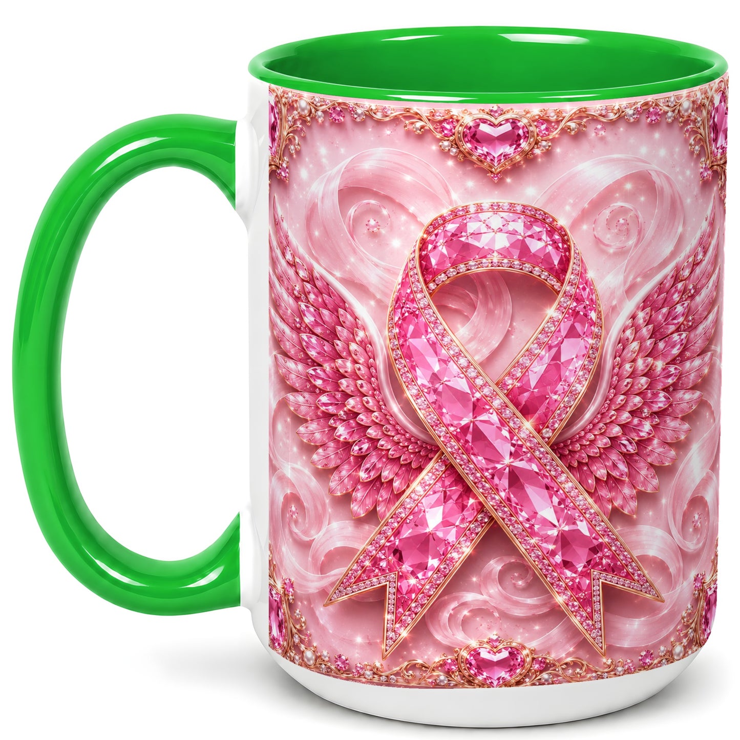 #pl[15oz|Green] Gemstone Ribbon Wings Coffee Mug, Awareness Mug, Ceramic Cup