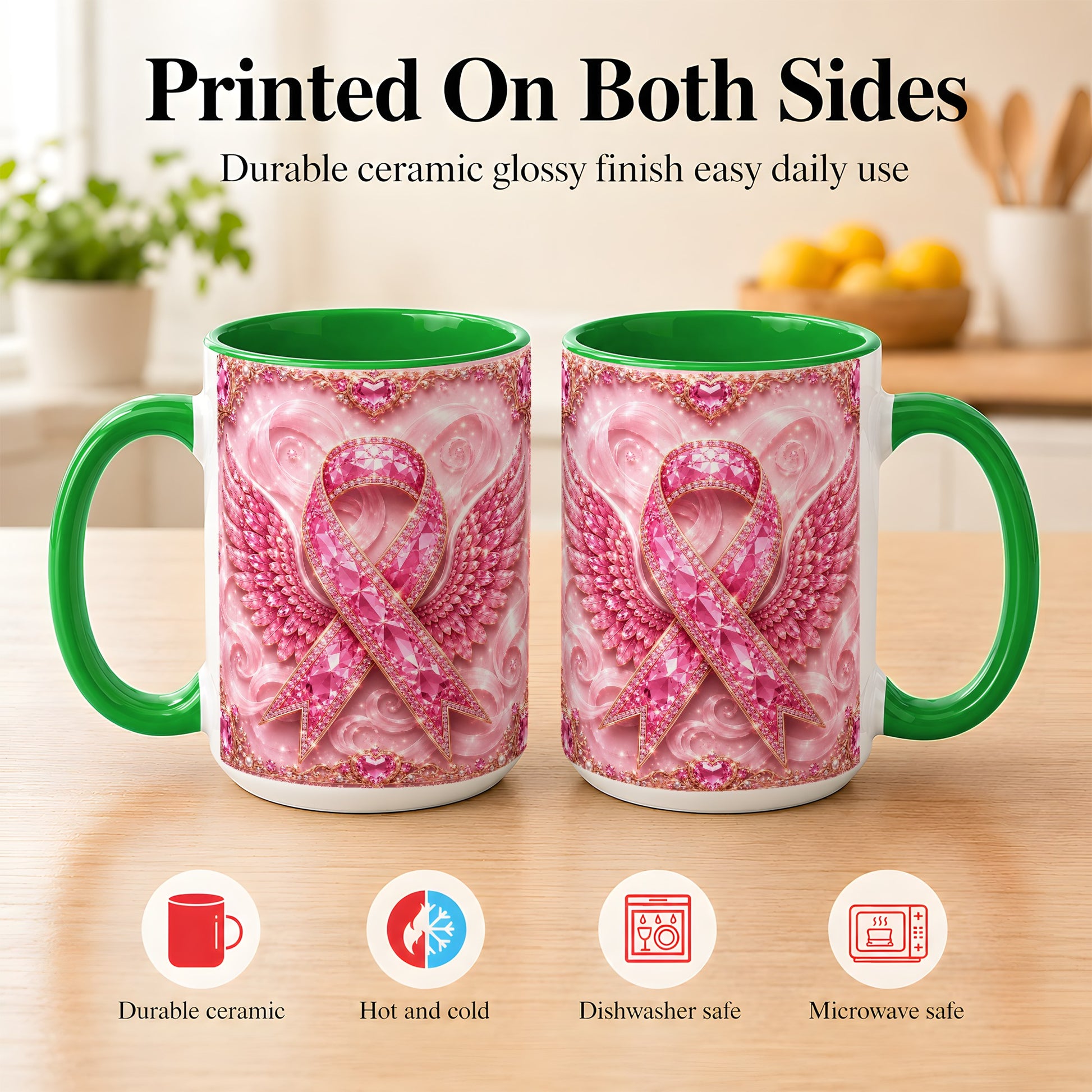 #pl[15oz|Green] Gemstone Ribbon Wings Coffee Mug, Awareness Mug, Ceramic Cup