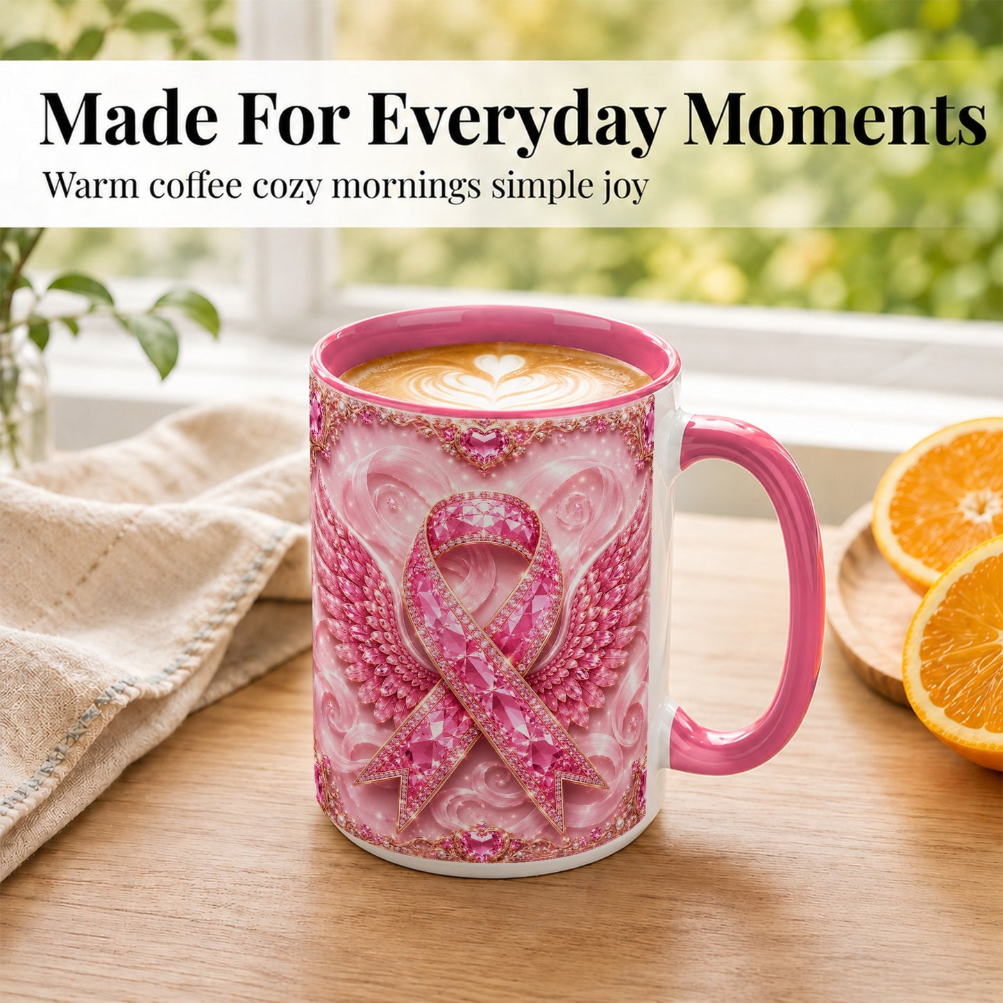 #pl[15oz|Pink] Gemstone Ribbon Wings Coffee Mug, Awareness Mug, Ceramic Cup
