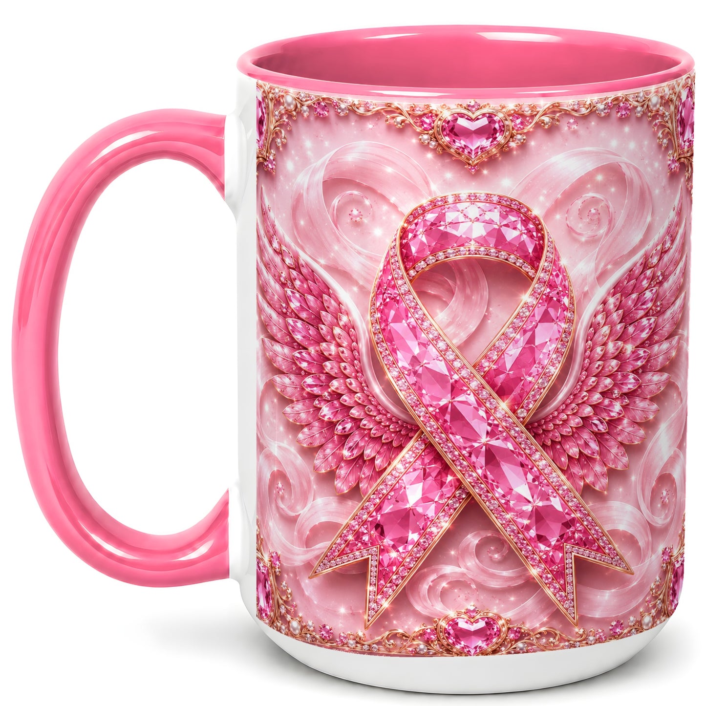 #pl[15oz|Pink] Gemstone Ribbon Wings Coffee Mug, Awareness Mug, Ceramic Cup