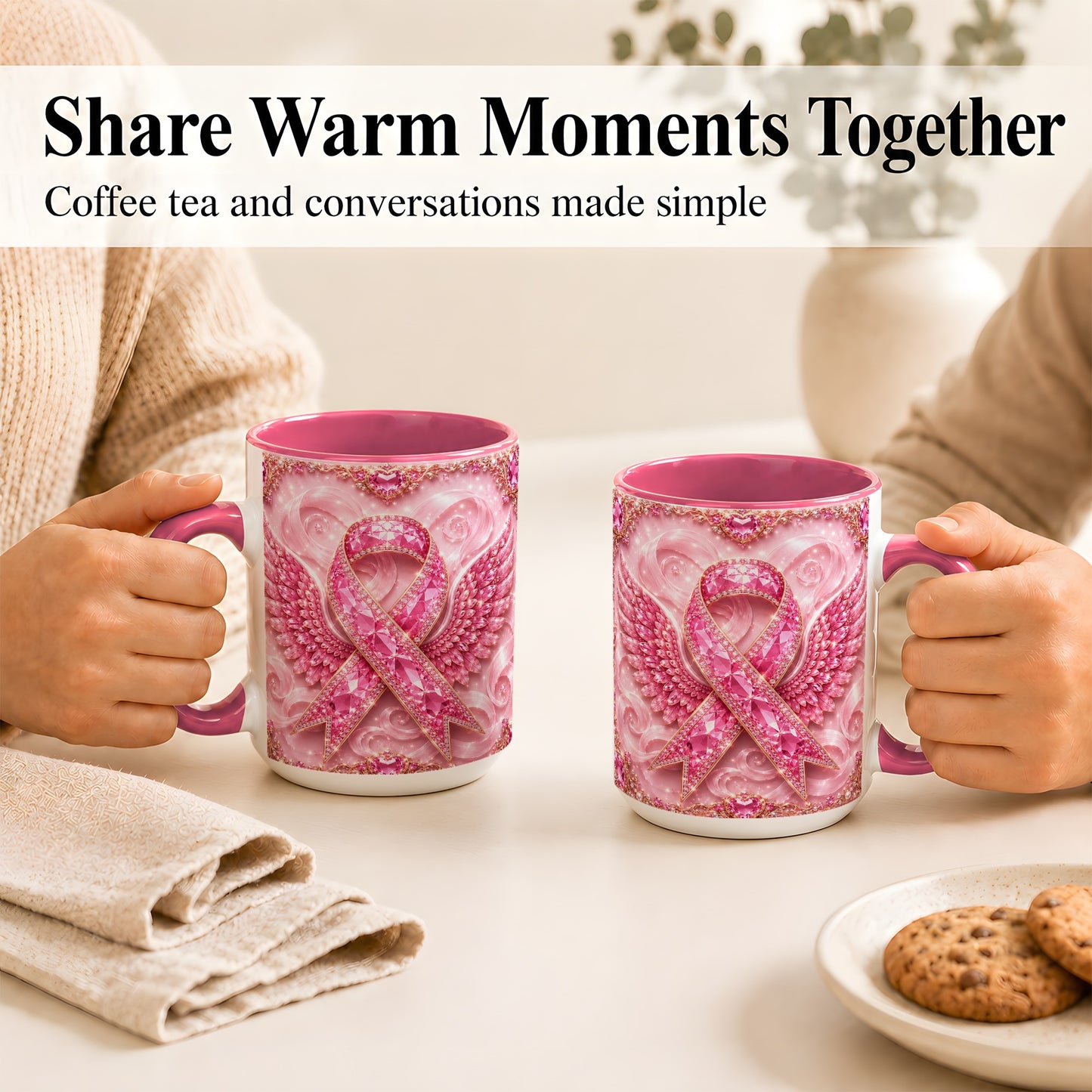 #pl[15oz|Pink] Gemstone Ribbon Wings Coffee Mug, Awareness Mug, Ceramic Cup