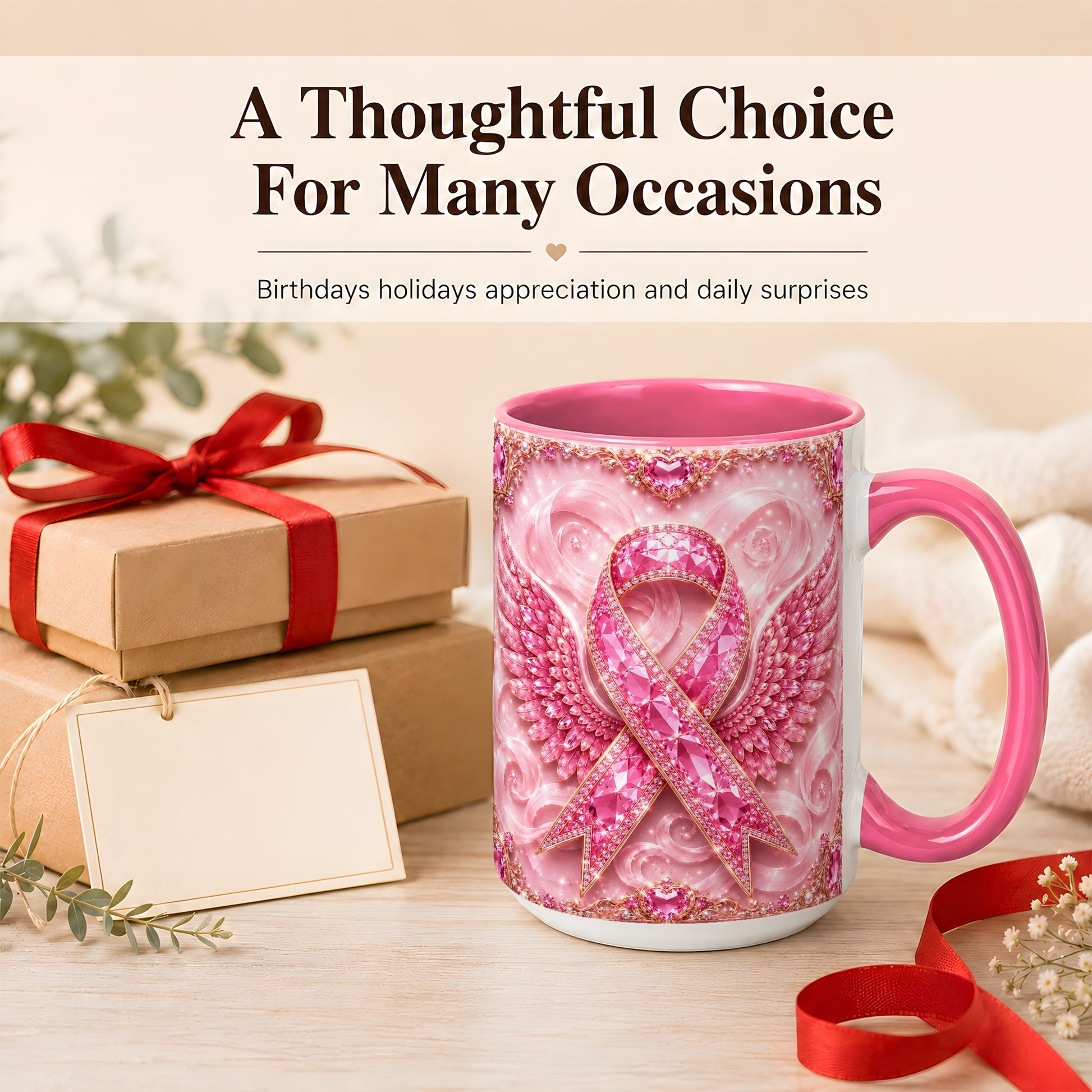 #pl[15oz|Pink] Gemstone Ribbon Wings Coffee Mug, Awareness Mug, Ceramic Cup