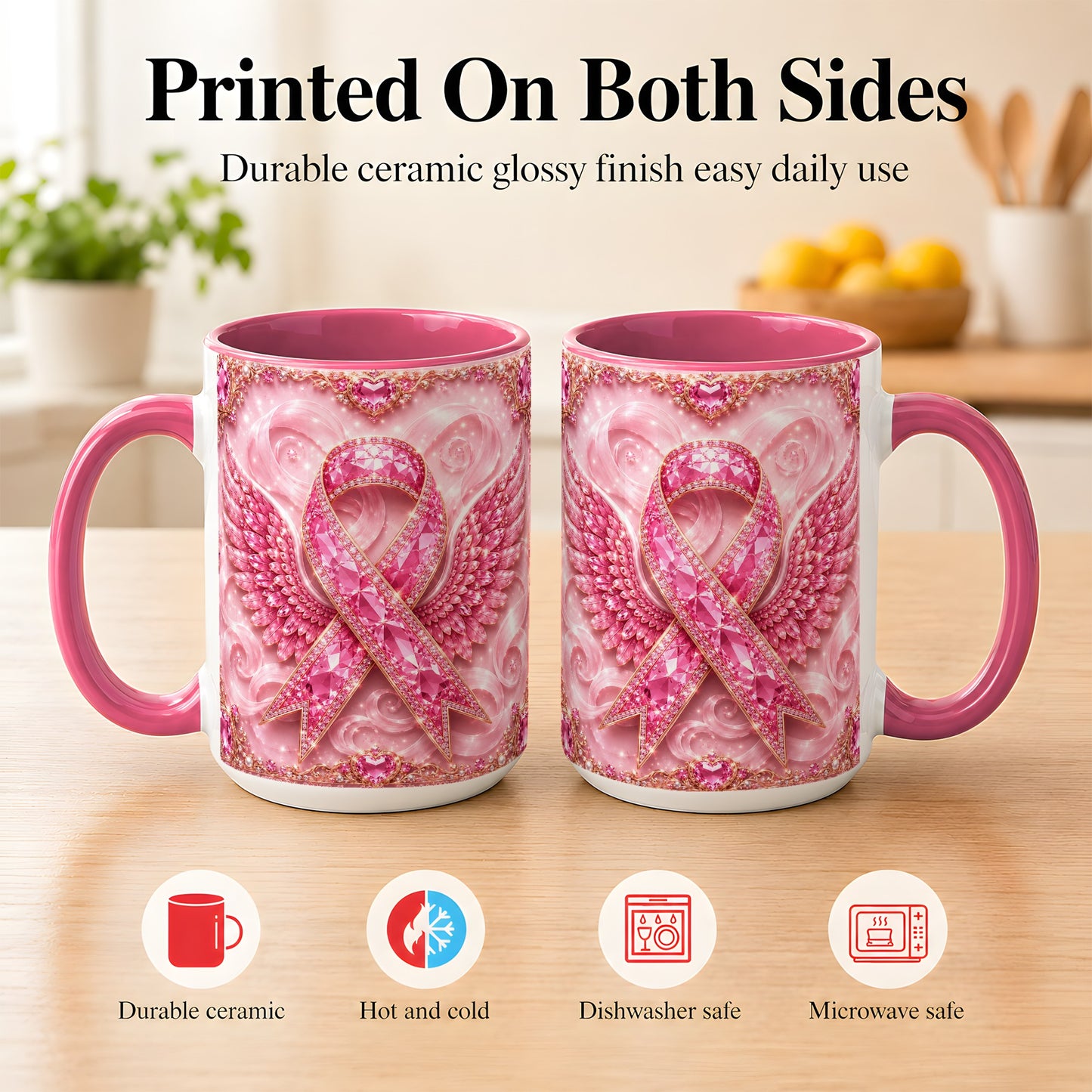 #pl[15oz|Pink] Gemstone Ribbon Wings Coffee Mug, Awareness Mug, Ceramic Cup
