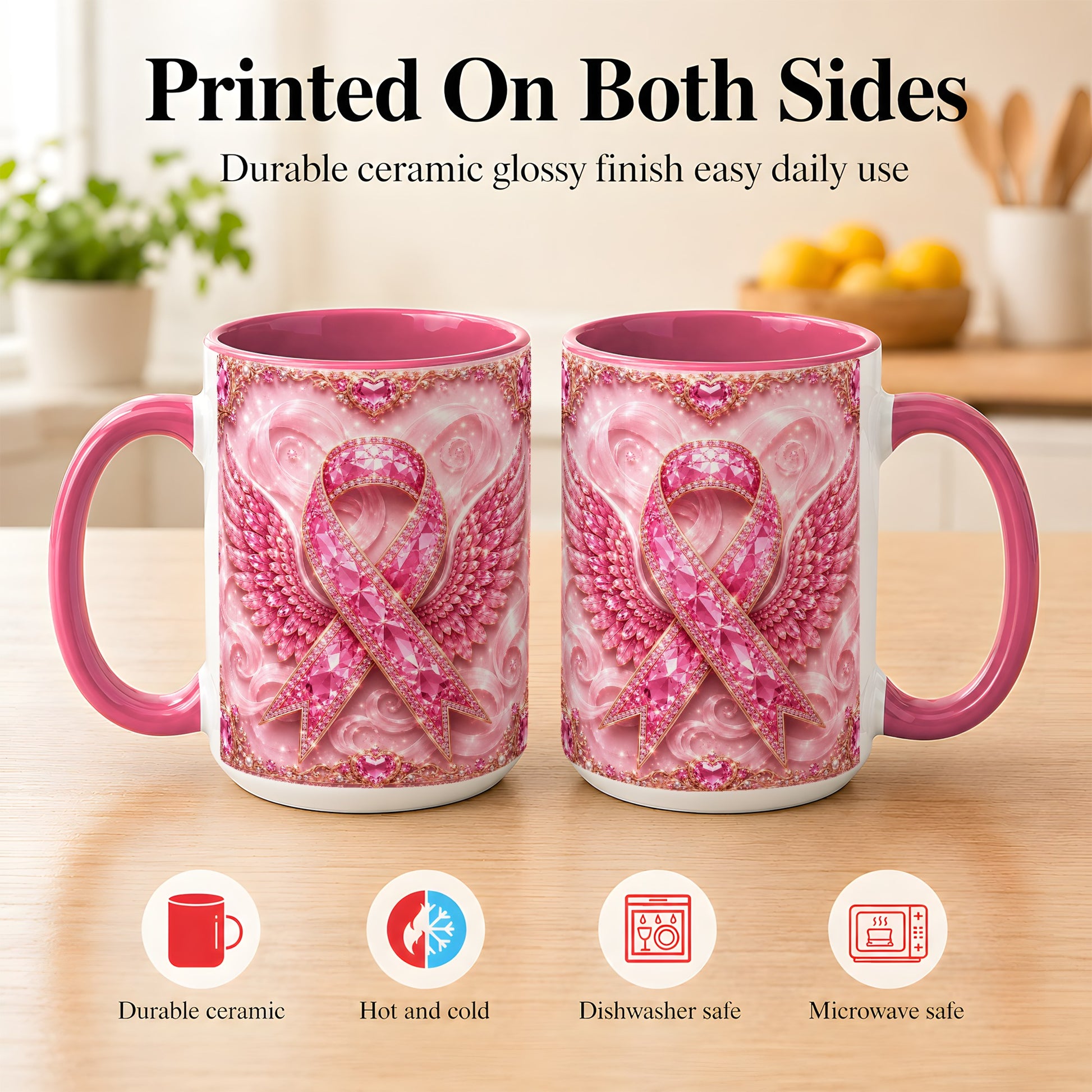 #pl[15oz|Pink] Gemstone Ribbon Wings Coffee Mug, Awareness Mug, Ceramic Cup