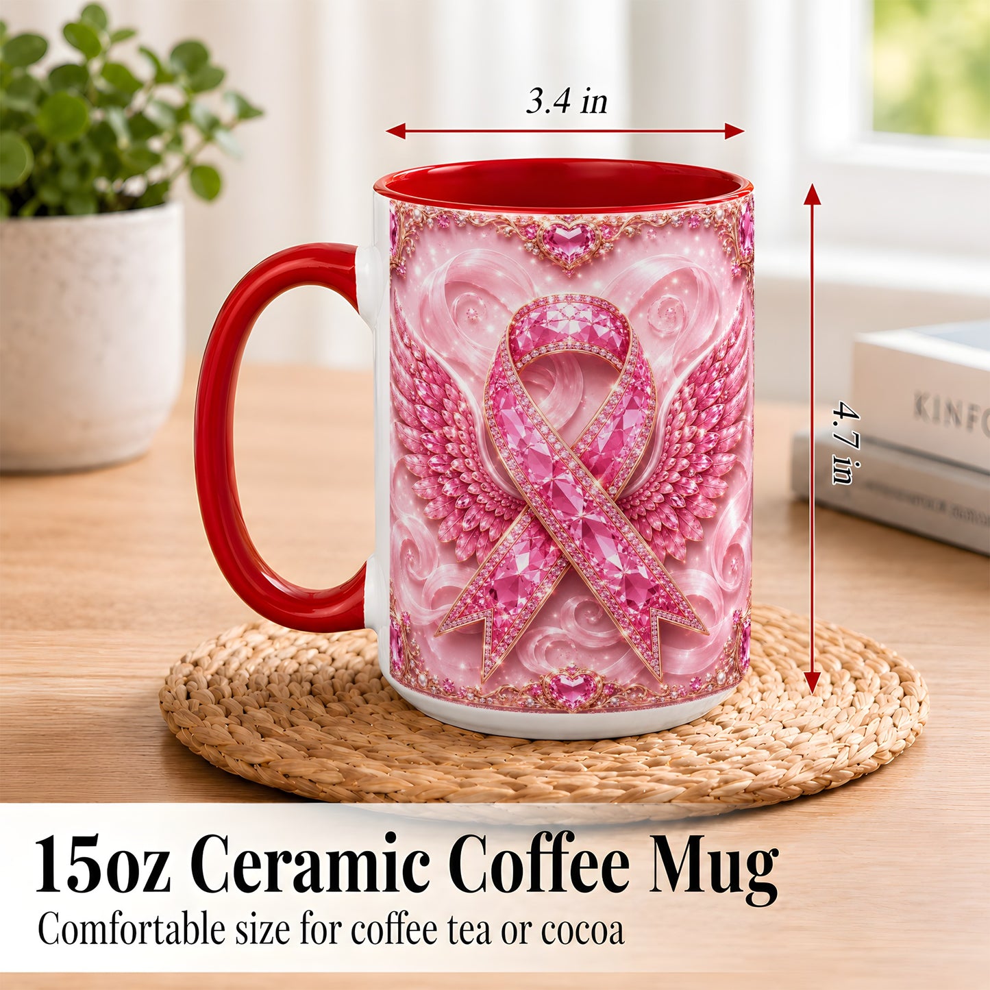 #pl[15oz|Red] Gemstone Ribbon Wings Coffee Mug, Awareness Mug, Ceramic Cup