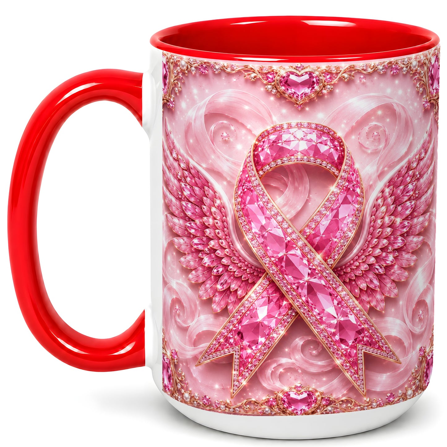 #pl[15oz|Red] Gemstone Ribbon Wings Coffee Mug, Awareness Mug, Ceramic Cup