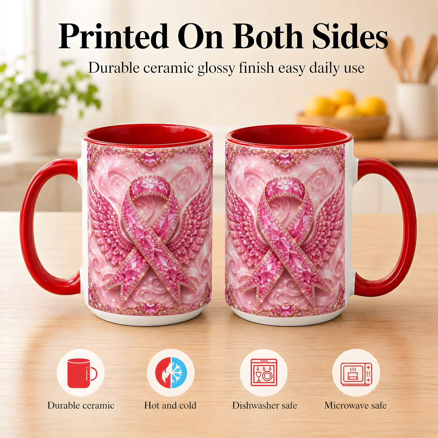 #pl[15oz|Red] Gemstone Ribbon Wings Coffee Mug, Awareness Mug, Ceramic Cup