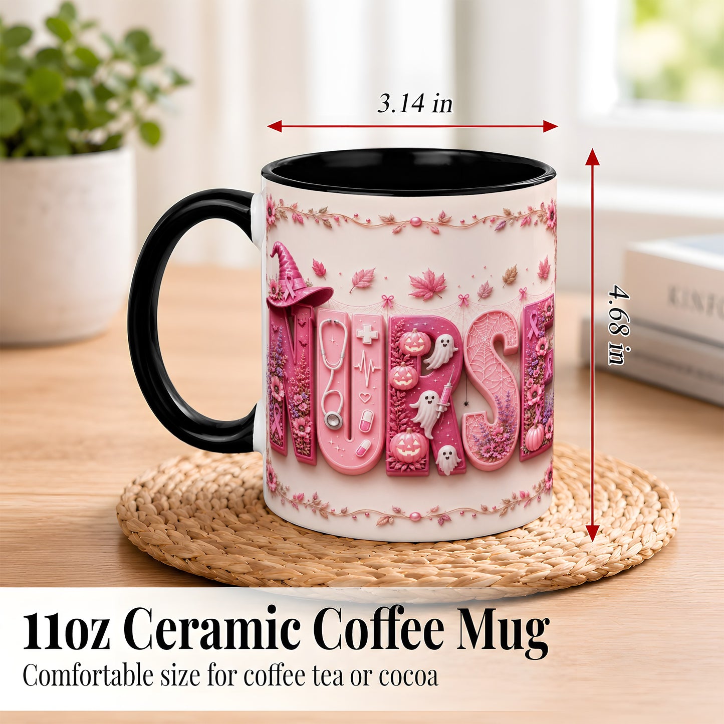 #pl[11oz|Black] Nurse Halloween Coffee Mug, Pink Ribbon Mug, Ceramic Cup