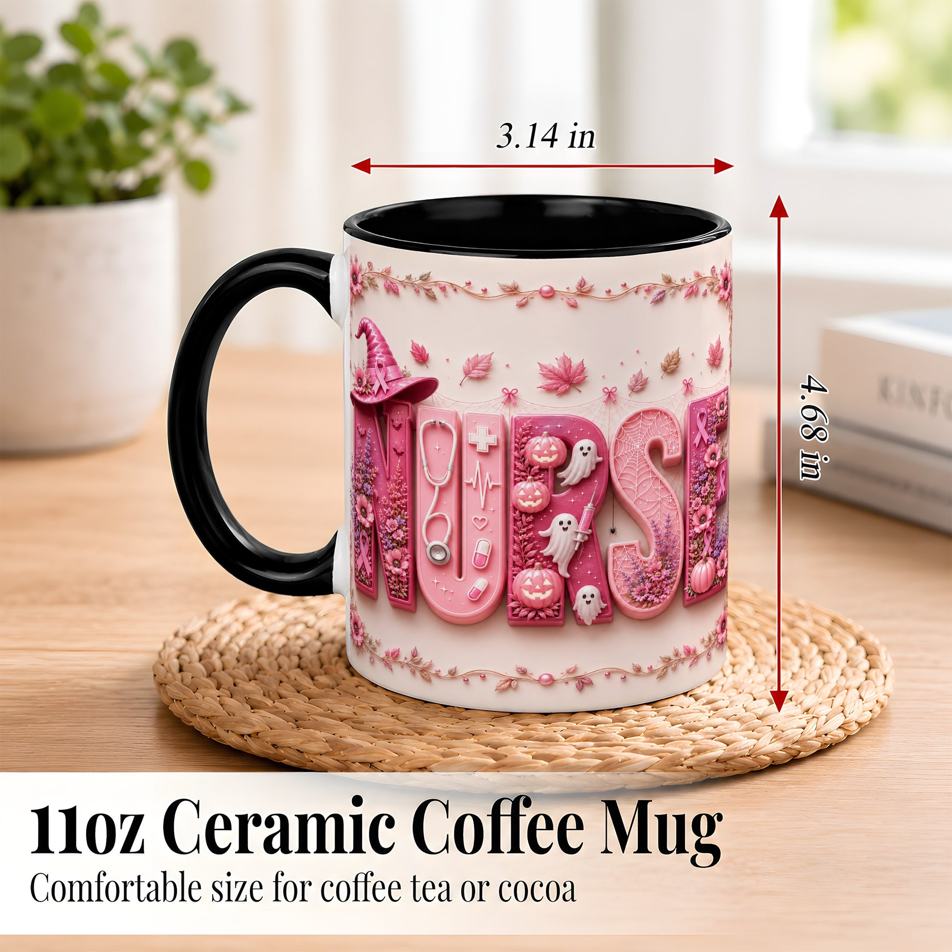 #pl[11oz|Black] Nurse Halloween Coffee Mug, Pink Ribbon Mug, Ceramic Cup