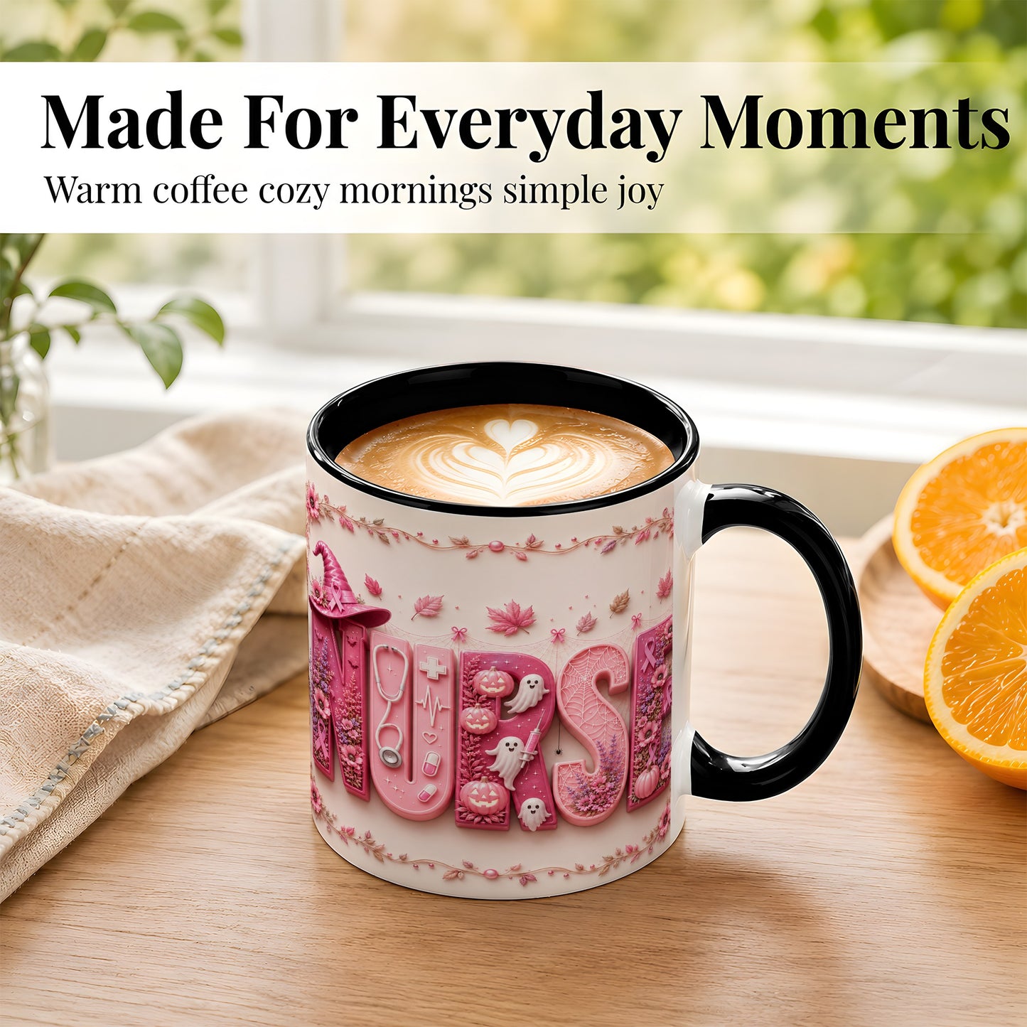 #pl[11oz|Black] Nurse Halloween Coffee Mug, Pink Ribbon Mug, Ceramic Cup