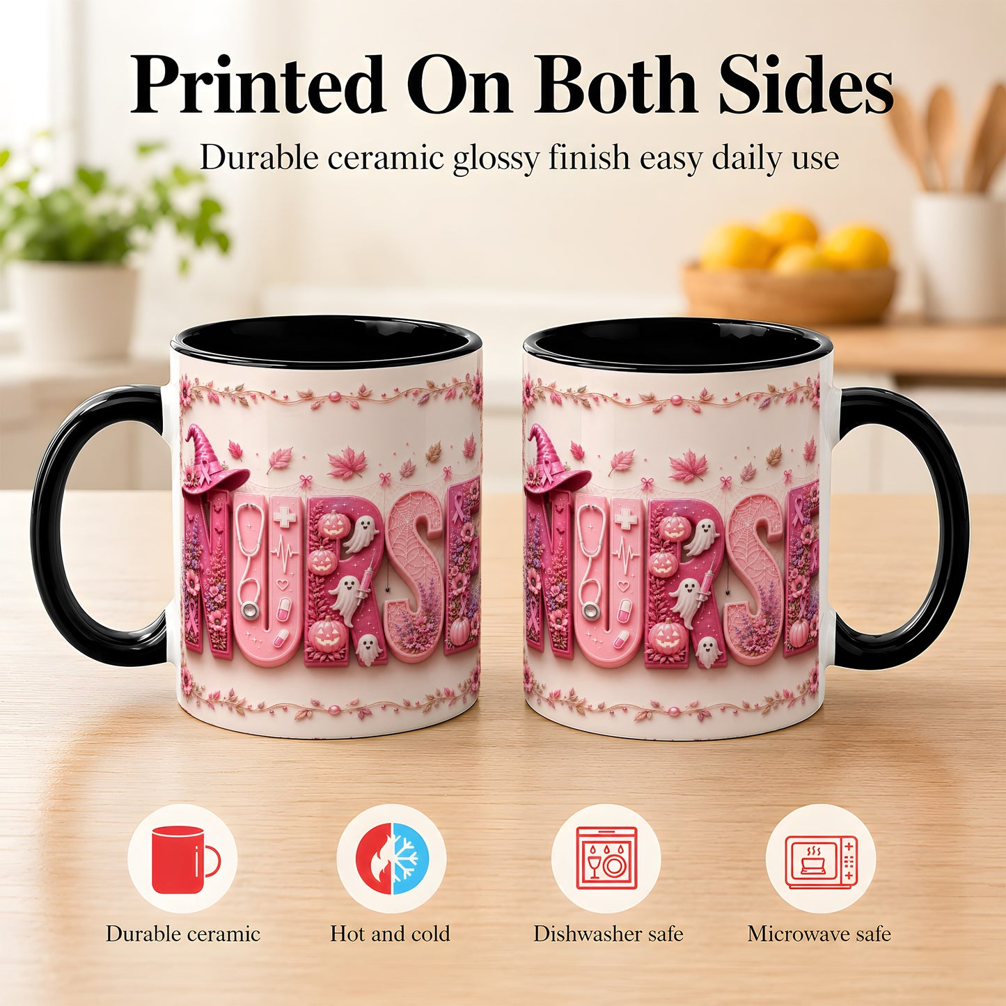#pl[11oz|Black] Nurse Halloween Coffee Mug, Pink Ribbon Mug, Ceramic Cup